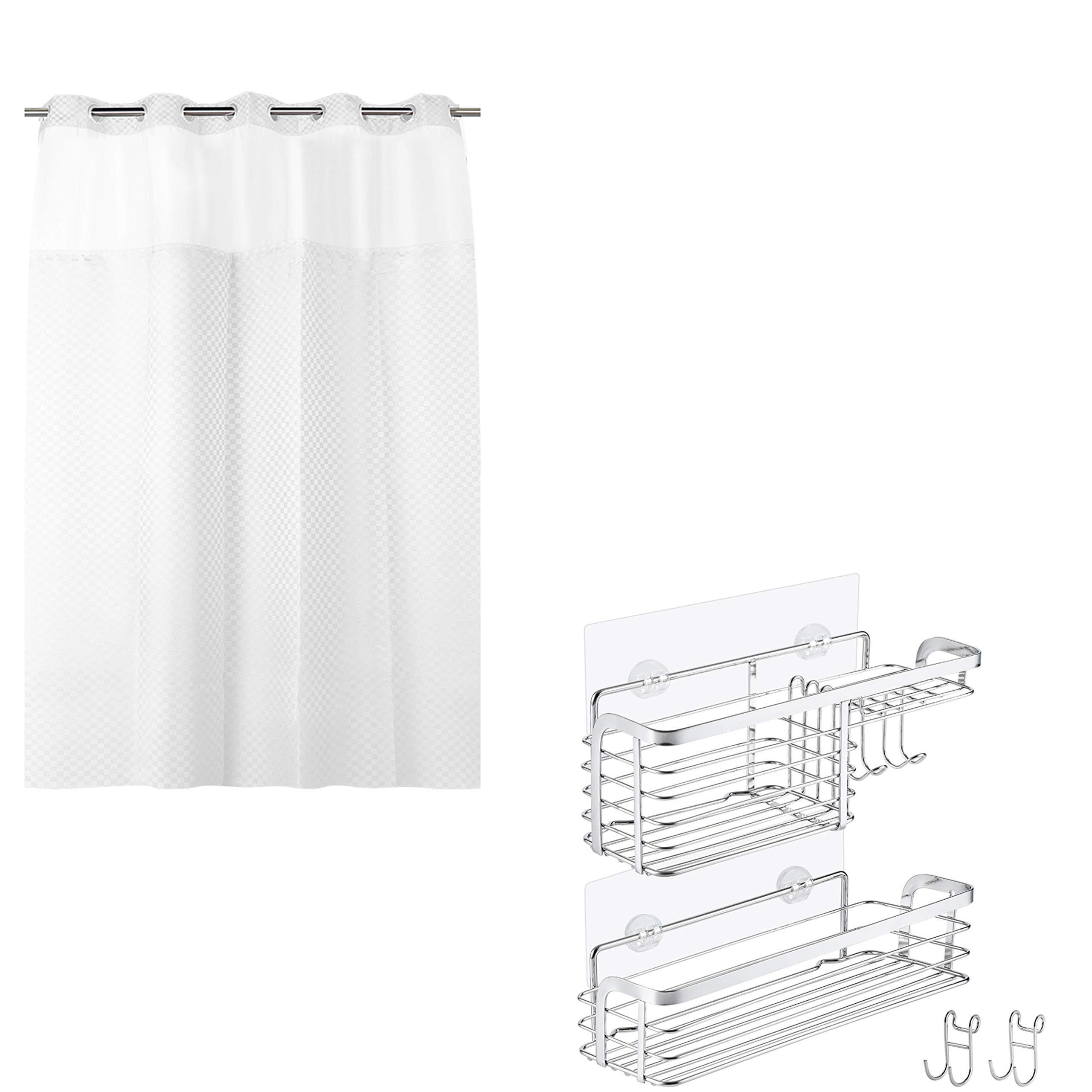 Lagute SnapHook Shower Curtain with 2-Pack Bathroom Caddy Set - Waterproof Hooks & Rustproof Shower Organizer for Bath, Dorm, RV & Apartment Use