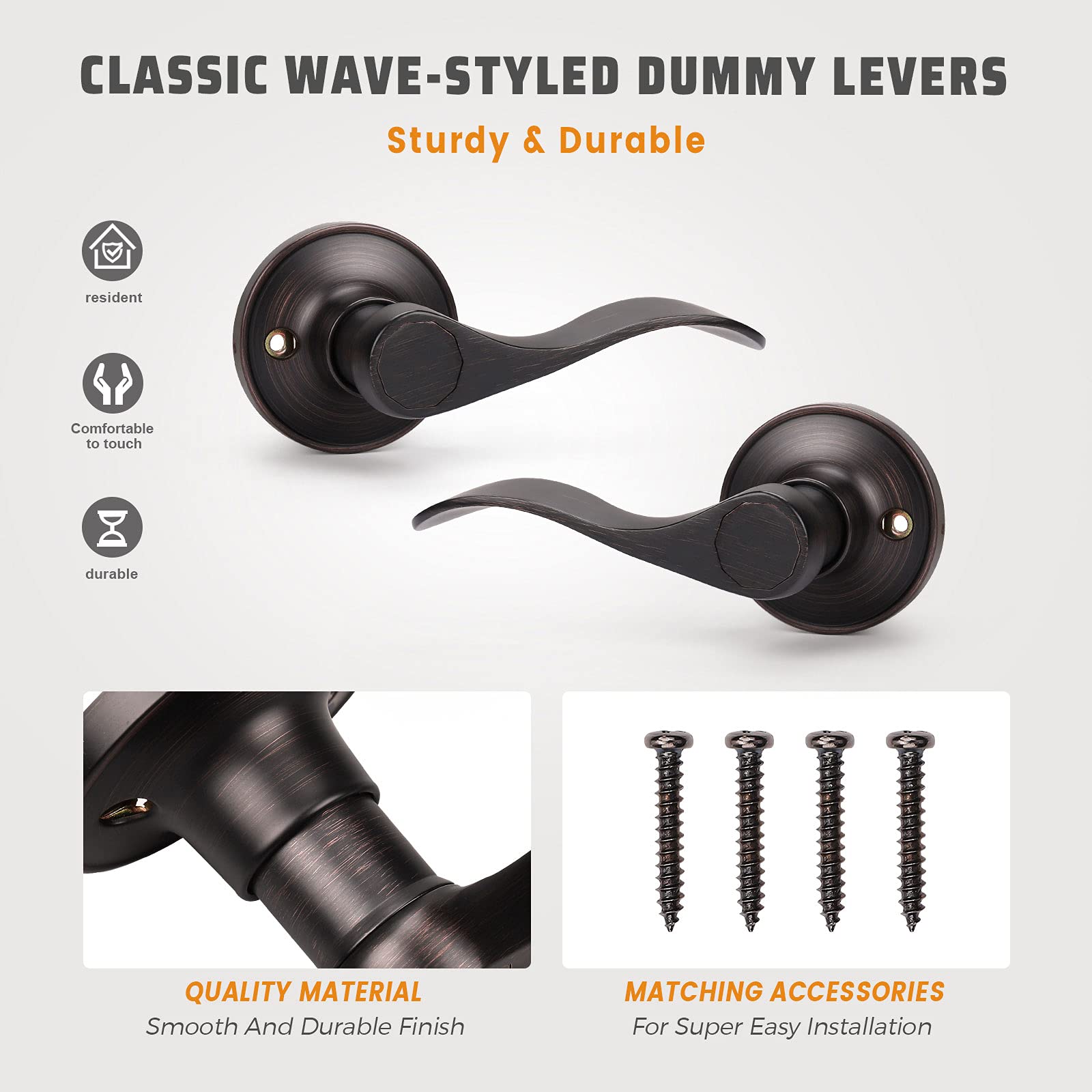 KNOBWELL 5-Pack Oil Rubbed Bronze Interior Door Handles - Dummy Knobs for Closet, French Doors & Hallway - Classic Wave Style Levers (5 Left + 5 Right) - Perfect for Bedroom, Bathroom & Office Doors