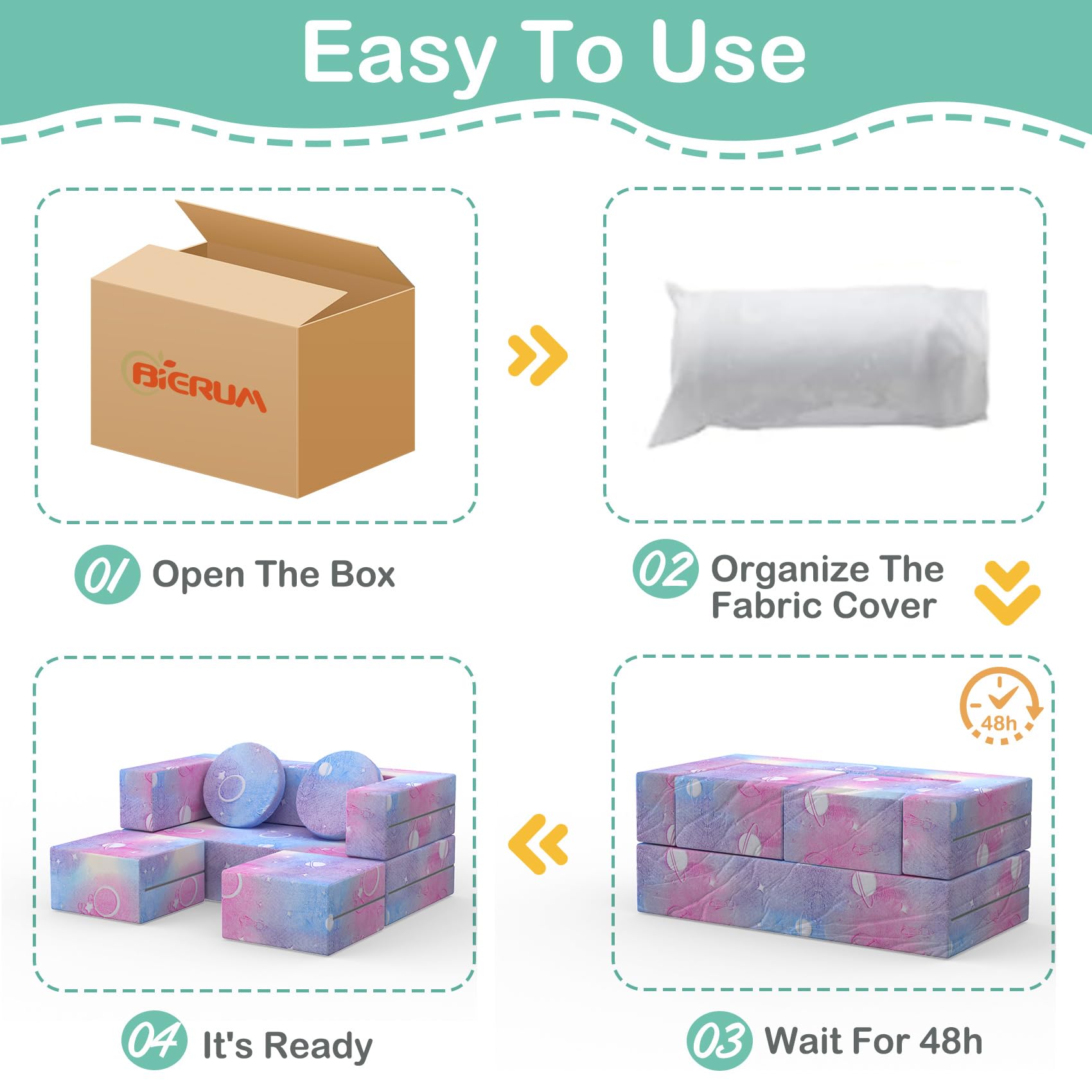 BIERUM Kids Couch - 6PCS Modular Play Sofa with Glow Effects & Blanket, Convertible Toddler Couch for Girls Boys - Perfect for Playroom, Nursery, Indoor Play & Family Movie Nights