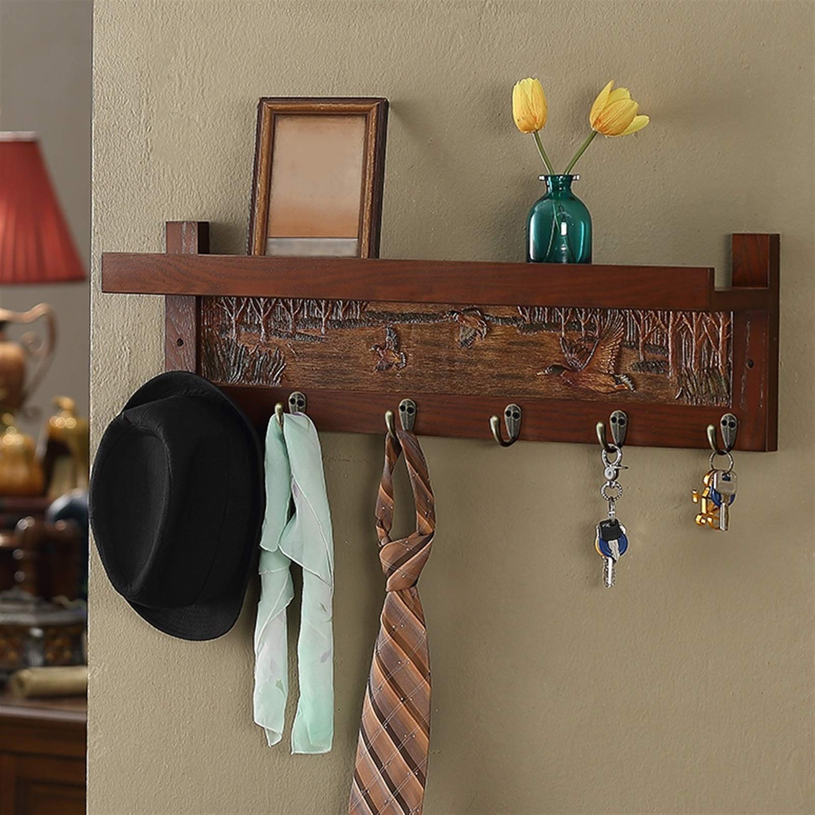 Vintage Wall-Mounted Coat Rack with Shelves - Antique Wooden Hooks for Jackets, Hats & Scarves - Space Saving Entryway, Hallway & Bedroom Storage Solution (Brown)