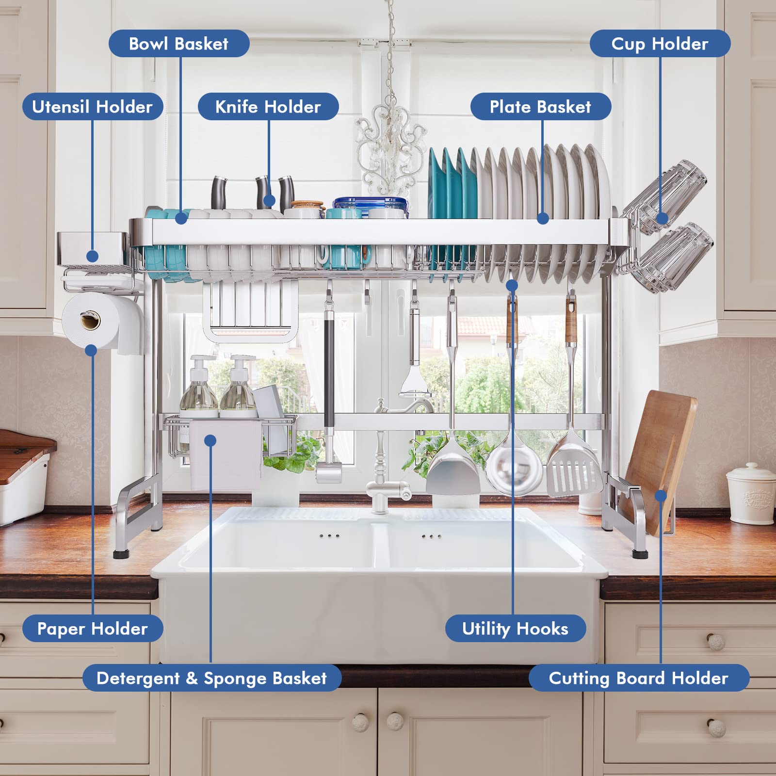Adjustable 2-Tier Over The Sink Dish Drying Rack (25.6-37.6in) - Stainless Steel Space Saving Kitchen Organizer for Dishes, Utensils & Cutting Boards | Perfect for Small Kitchens, Apartments & RV Living