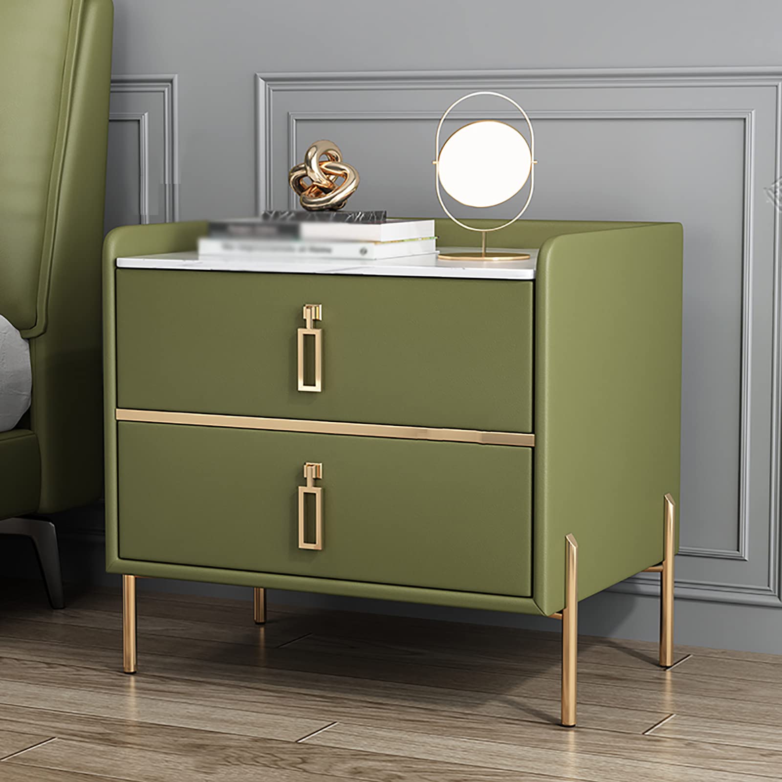 Modern Green Bedroom End Table with Metal Cabinet Legs & Drawer - Stylish Sofa Side Table & Nightstand for Small Spaces - Perfect for Living Room, Bedroom, or Office Use