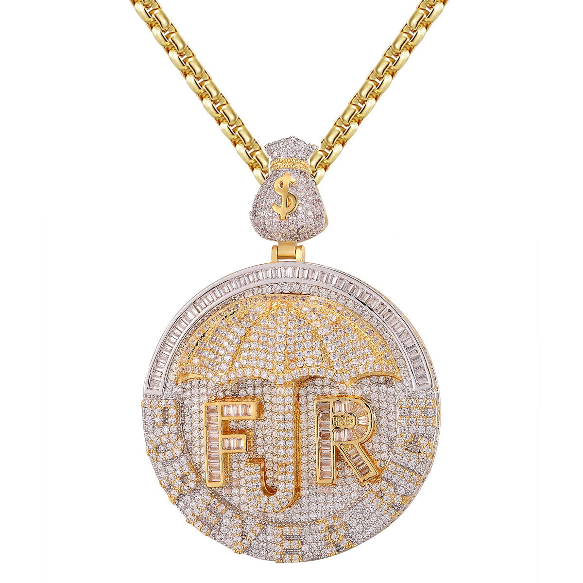 Men's Forever Rich Money Dollar Bag Baguette Circle Pendant Necklace - Luxury Hip Hop Jewelry for Parties, Gifts & Streetwear Fashion