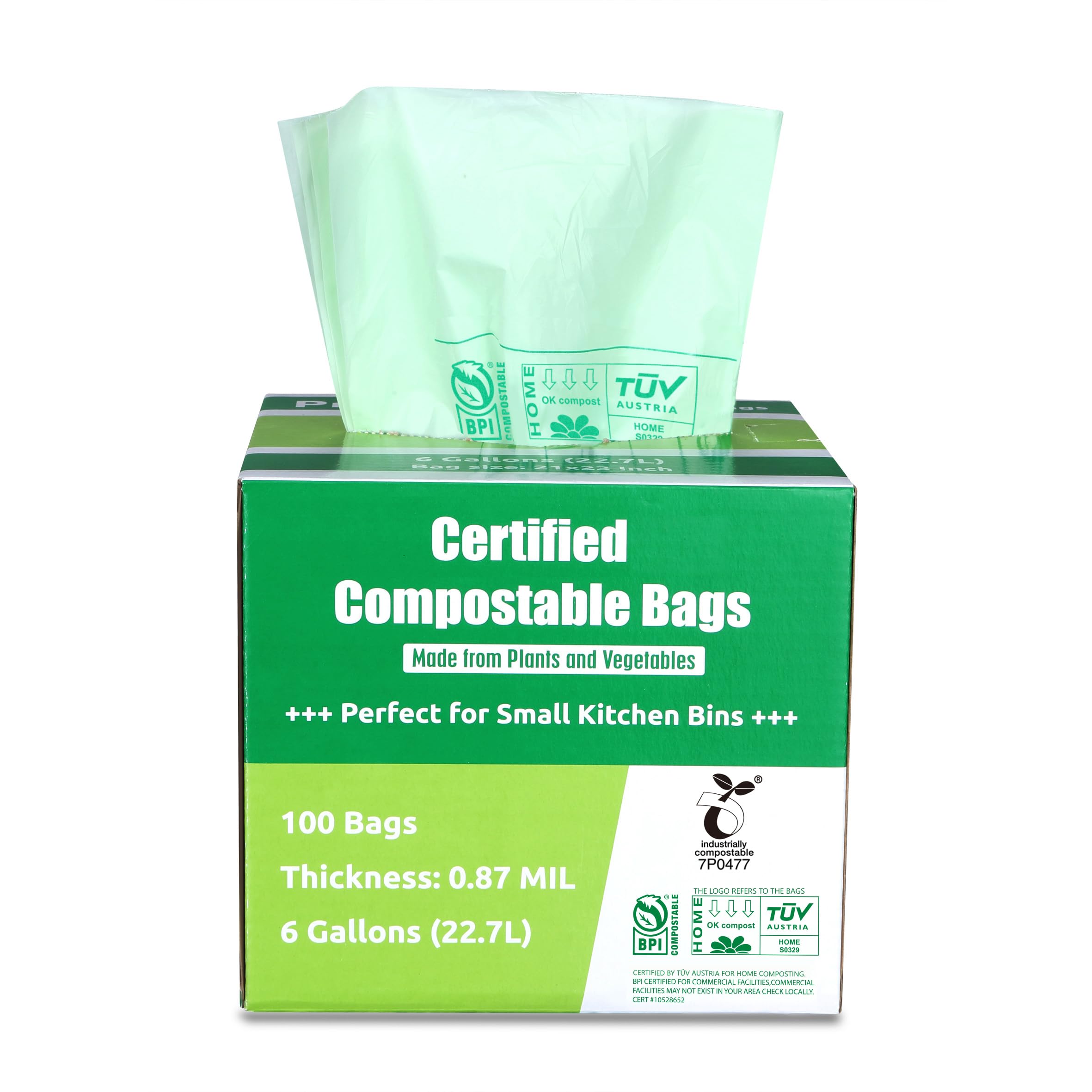 Primode 6 Gallon Compostable Trash Bags - 100 Count Extra Thick 0.87 Mil Kitchen Waste Bags | BPI & TÜV AUSTRIA Certified | Ideal for Food Scraps, Yard Waste & Eco-Friendly Home Composting