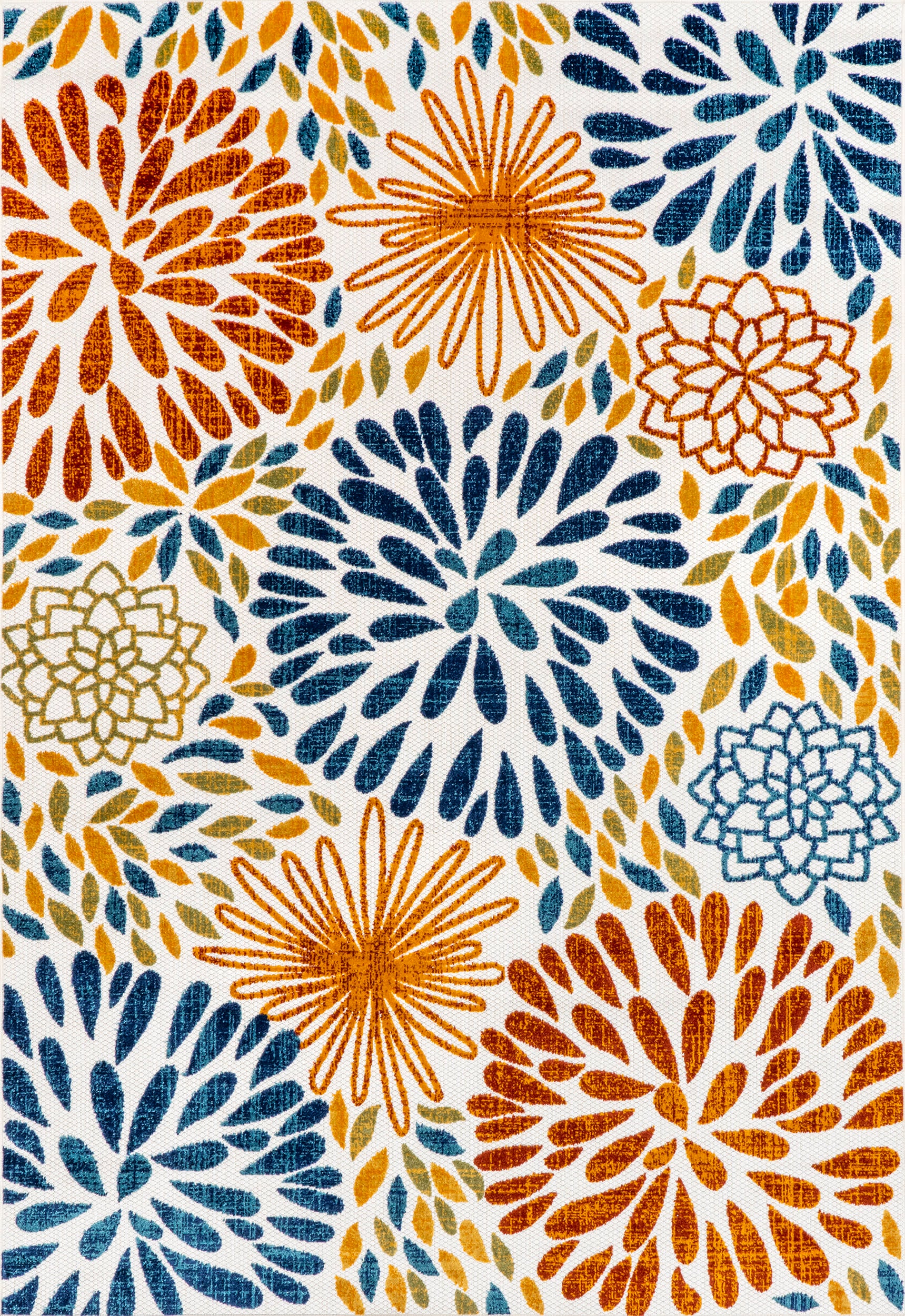 Floral Fireworks Indoor/Outdoor Area Rug - Blue Non-Slip Decorative Carpet for Living Room, Bedroom, Patio & Deck
