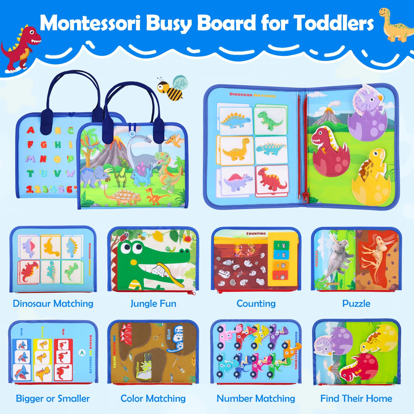 Dinosaur Busy Board - Montessori Sensory Toys for 3 4 5 Year Old Kids, Learning Activity Board for Toddlers with Autism, Fine Motor Skills Development Toy | Perfect Travel Toy for Airplane, Car & Road Trips