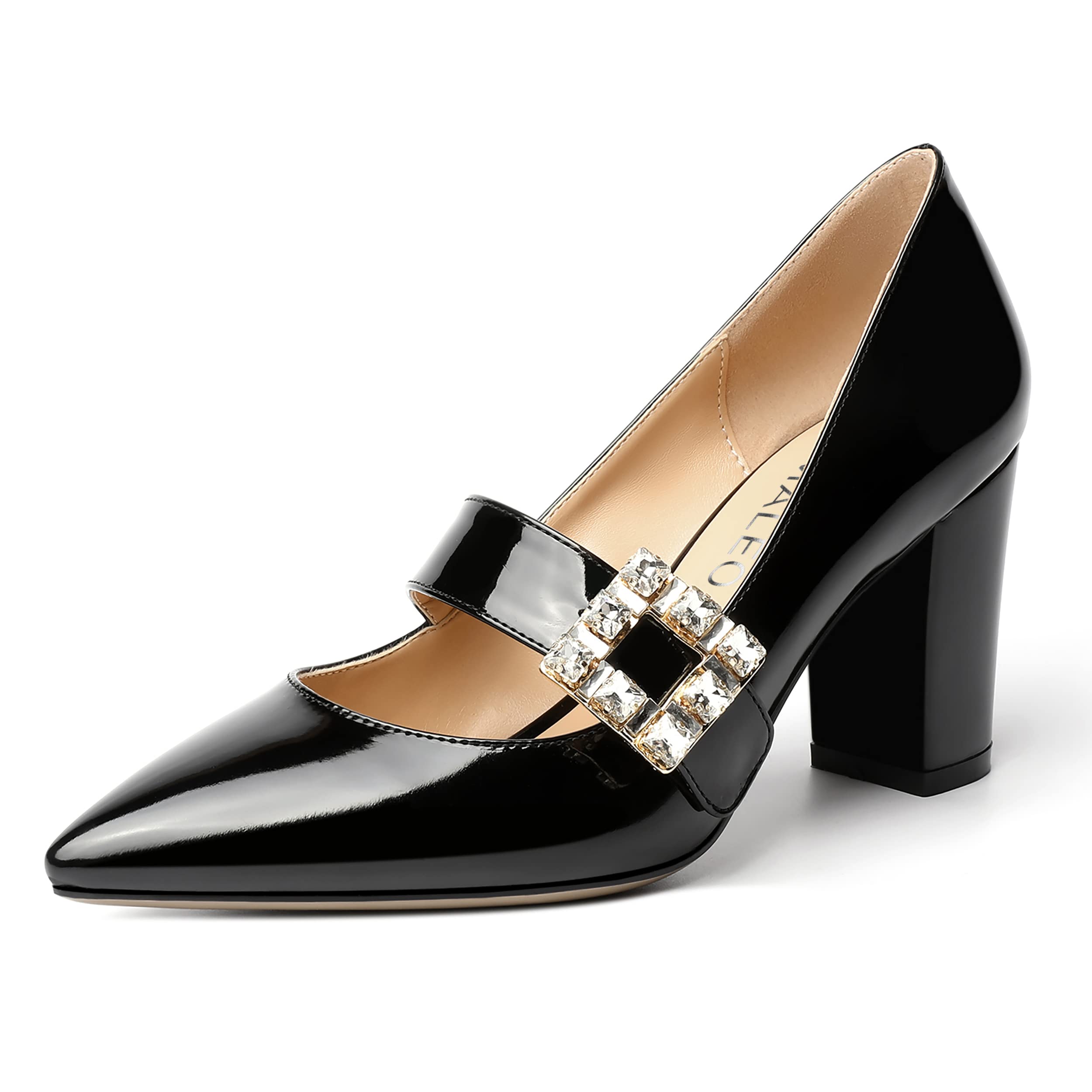 NUMALEO Women's Pointed Toe Ankle Strap High Heel Pumps - 3.3 Inch Block Heel Dress Shoes for Evening Parties, Weddings & Formal Events | Patent Leather & Bungee Strap Design