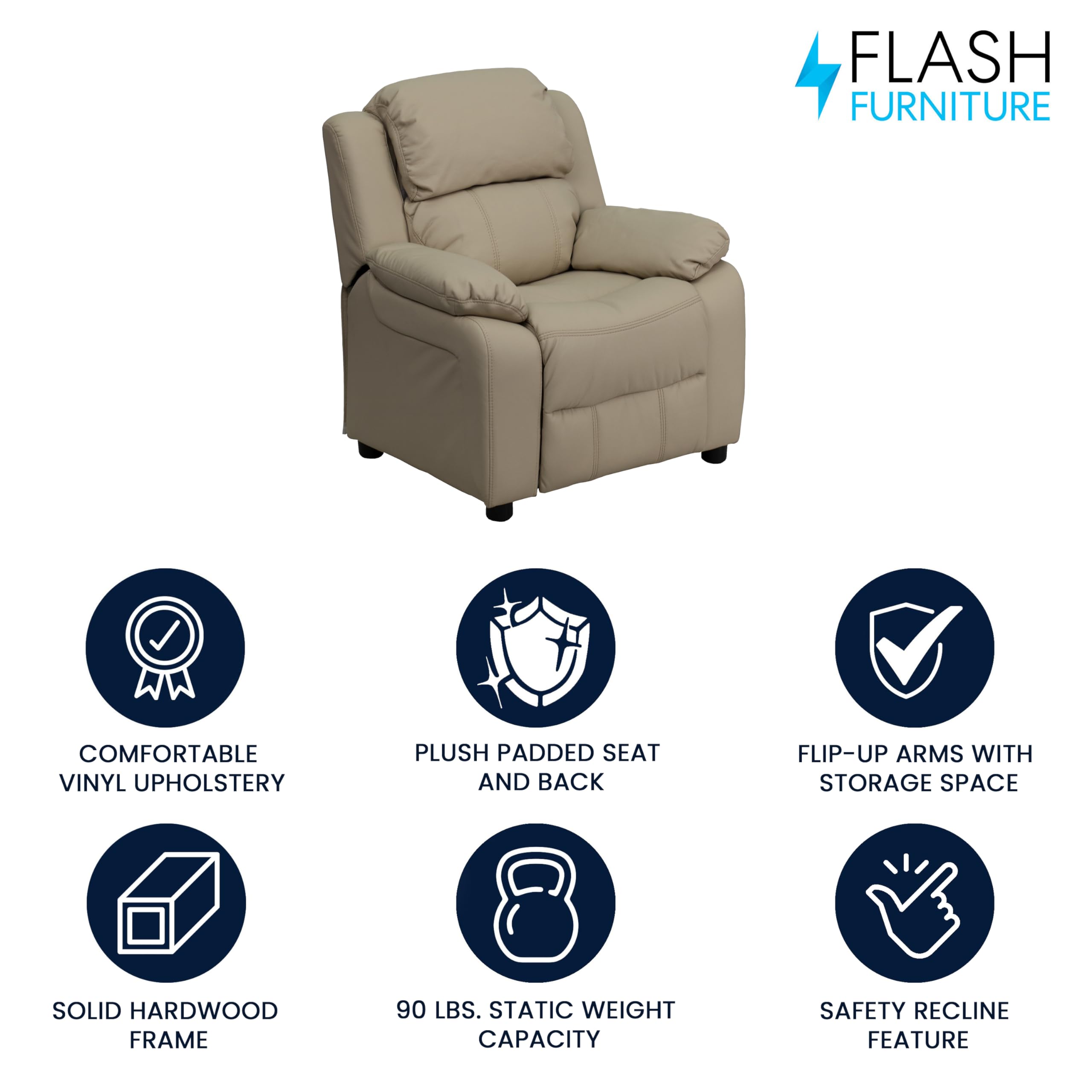 Flash Furniture Charlie Vinyl Kids Recliner with Flip-Up Storage Arms & Safety Recline - Contemporary Reclining Chair for Children (Supports 90 lbs, Beige) - Perfect for Playrooms, Bedrooms & Movie Nights