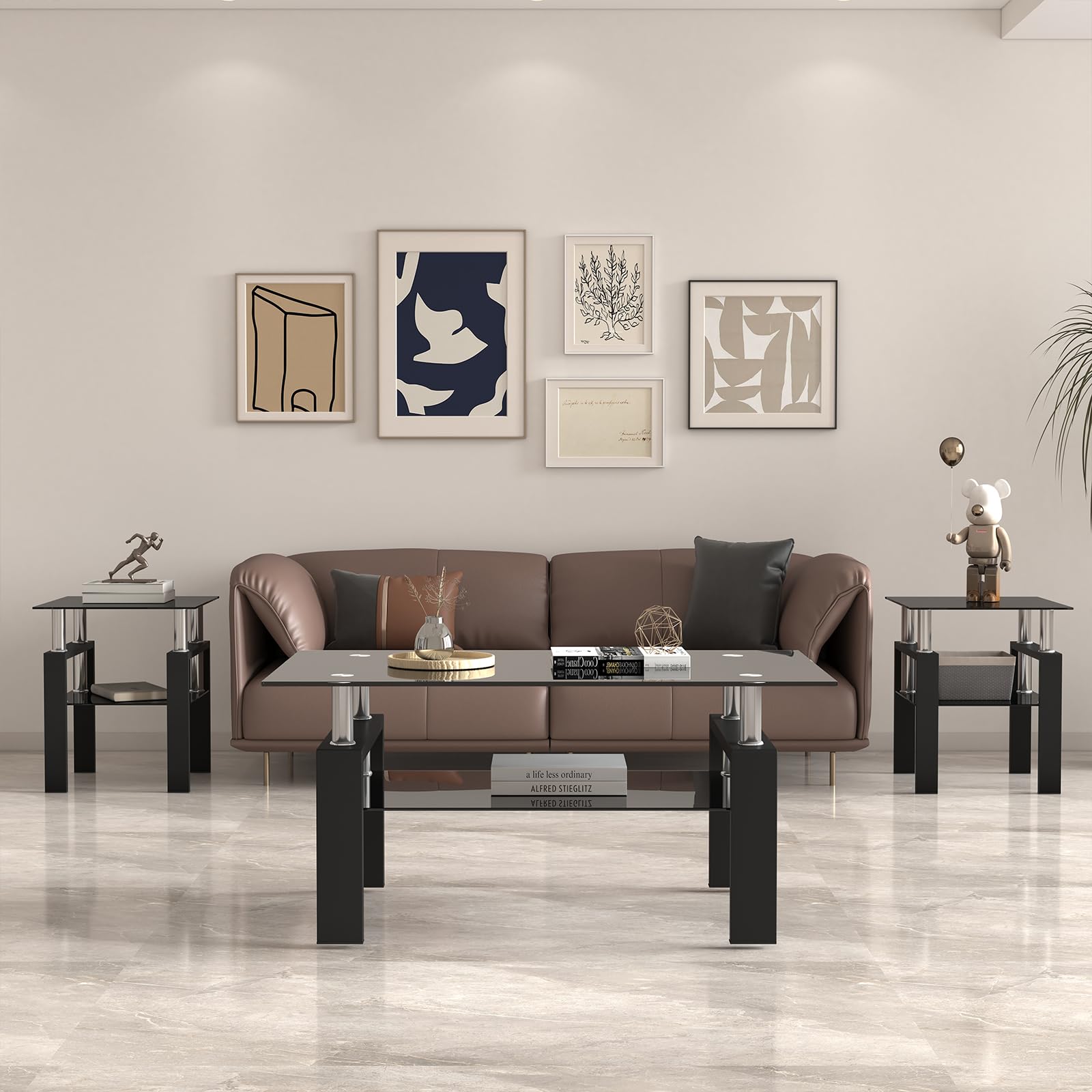 Modern Black Glass Coffee Table Set - 3 Piece Living Room Furniture with Metal Frame & Tempered Glass (1 Coffee Table + 2 End Tables) - Perfect for Small Spaces, Apartments, Home Offices - Ideal for Living Room Decor, Family Gatherings & TV Lounge Areas