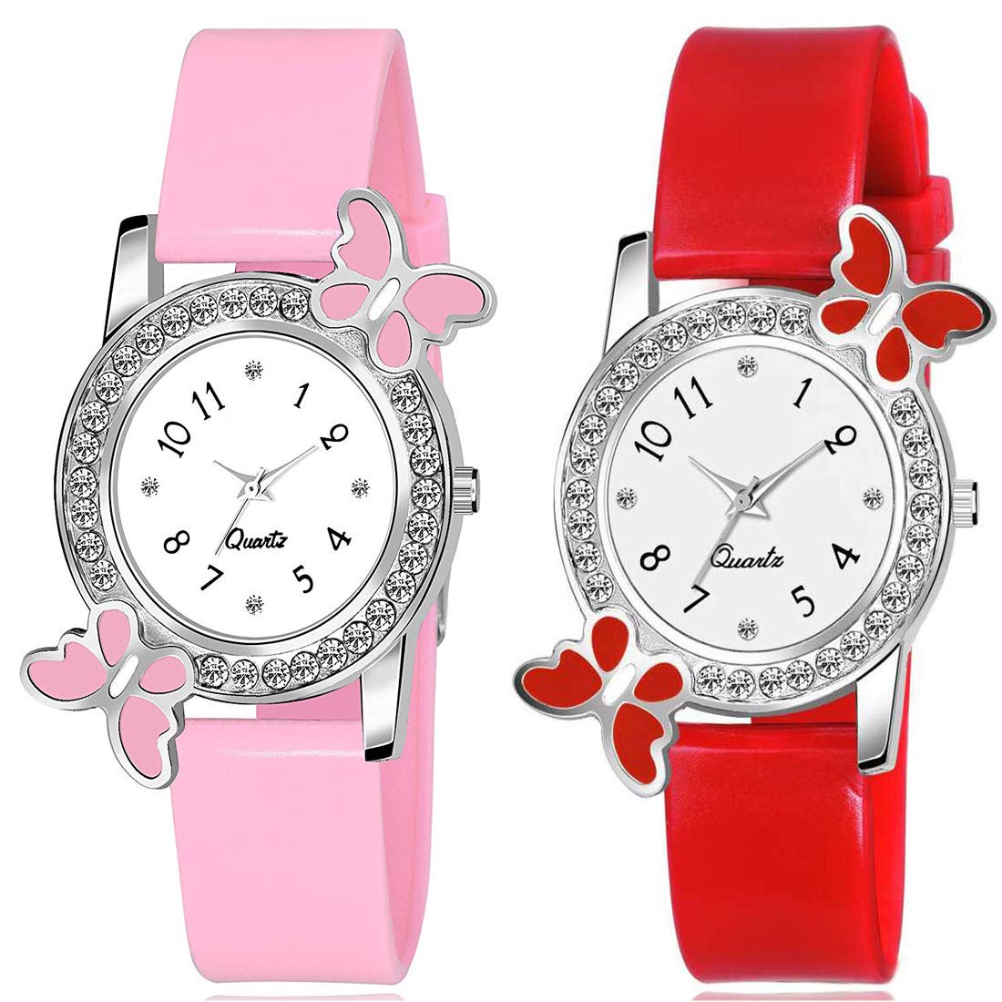 HIRA Red and Pink Butterfly Diamond Dial Women's & Girl's Watches Set - Elegant Fashion Watch for Daily Wear, Parties, and Special Occasions