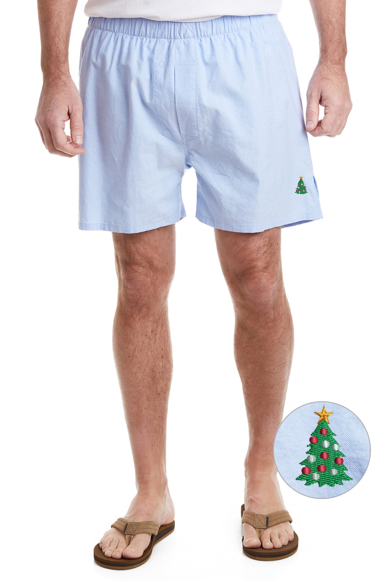 Barefoot Boxer Blue Oxford Men's Shirt with Single Christmas Tree Print - Perfect for Casual Wear, Holiday Parties, and Festive Outfits