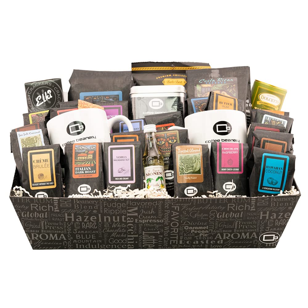 Premium Coffee Gift Basket - 21 Gourmet Flavored & Unflavored Coffee Samplers, 2 Mugs, Coffee Candy & 2 12oz Coffee Bags - Perfect for Holidays, Office Gifts & Coffee Lovers