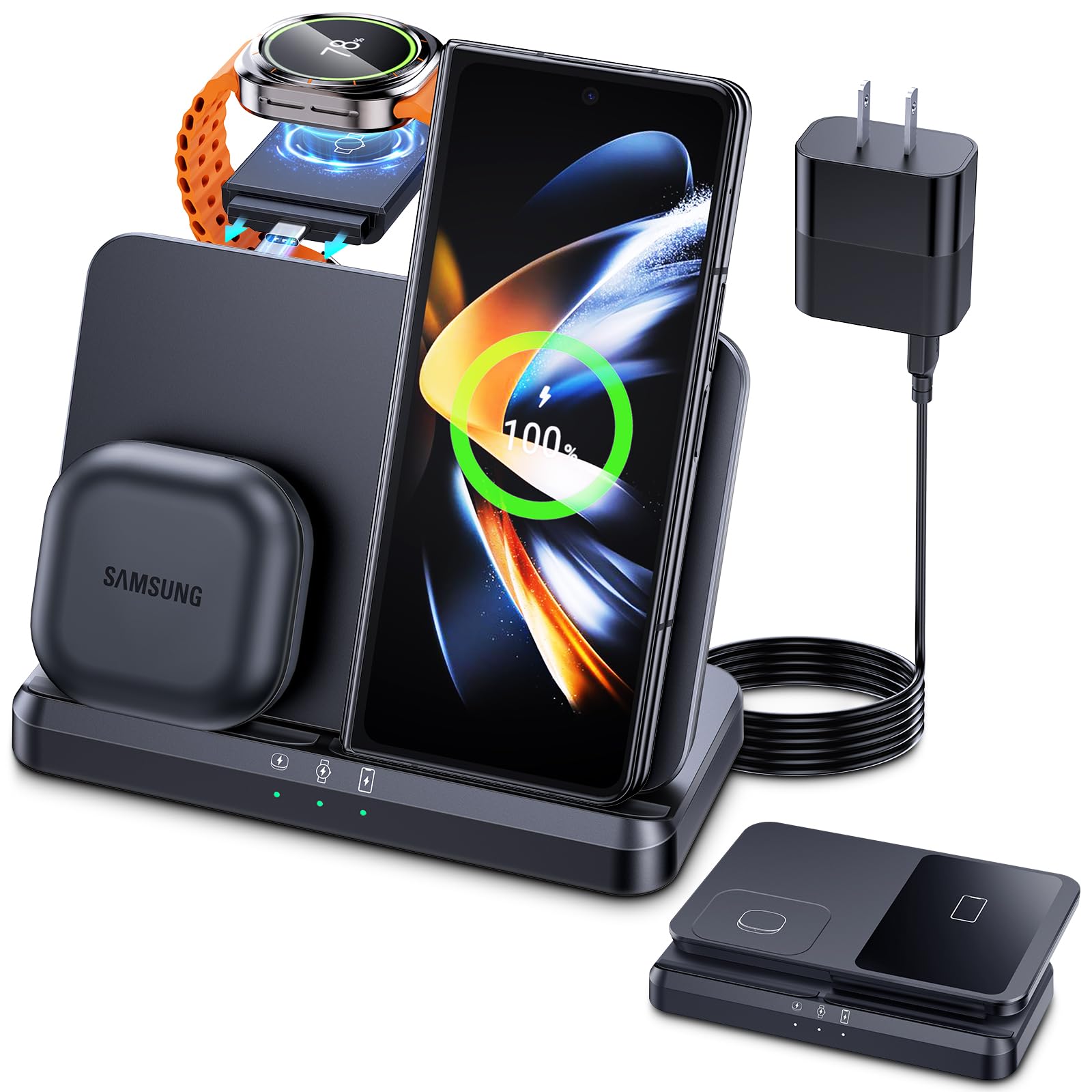 3-in-1 Wireless Charging Station for Samsung - Fast Qi Charger for Galaxy Watch Ultra/7/6/5, S24 Ultra/S23/S22/S21, Z Fold/Flip 6/5/4/3 & Buds | Nightstand Charger for Bedroom, Office & Travel (Black)