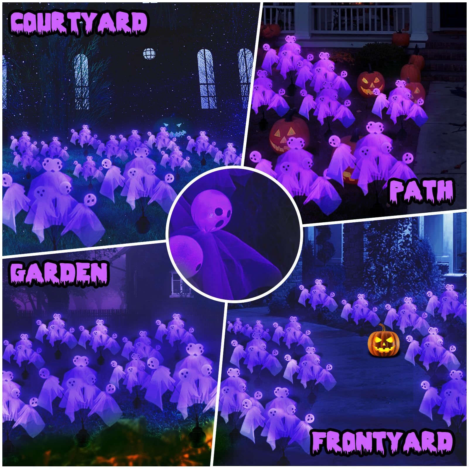 2 Pack Halloween Solar Lights Outdoor - 12 LED Scary Ghost & Swaying Firefly Pathway Lights, Waterproof Purple Halloween Decorations for Garden, Yard, Lawn - Perfect for Halloween Party & Spooky Pathway Lighting