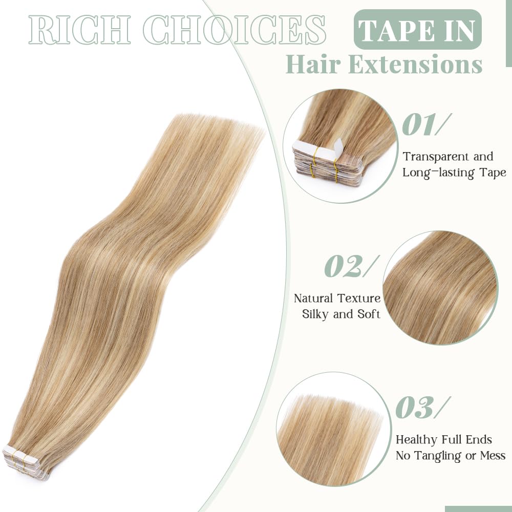 20pcs Tape in Hair Extensions 22 Inch - 100% Remy Human Hair, Double Sided, Seamless Straight, Balayage Golden Brown Highlighted Bleach Blonde (#12P613) - Perfect for Parties, Weddings & Daily Styling