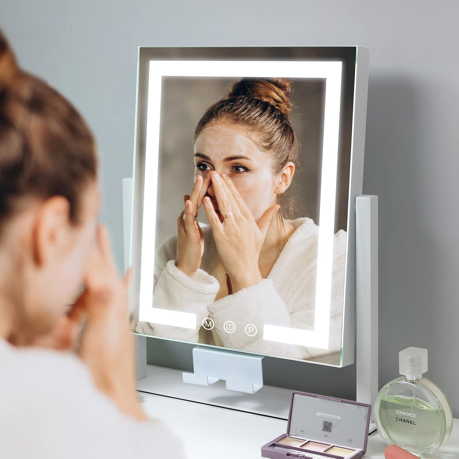 KOTTOVA LED Makeup Mirror with Lights & Phone Holder - 3 Color Modes, Touch Control, 10X Magnifying Mirror - Perfect for Vanity, Dressing Room & Professional Makeup Artists (White Metal Frame)