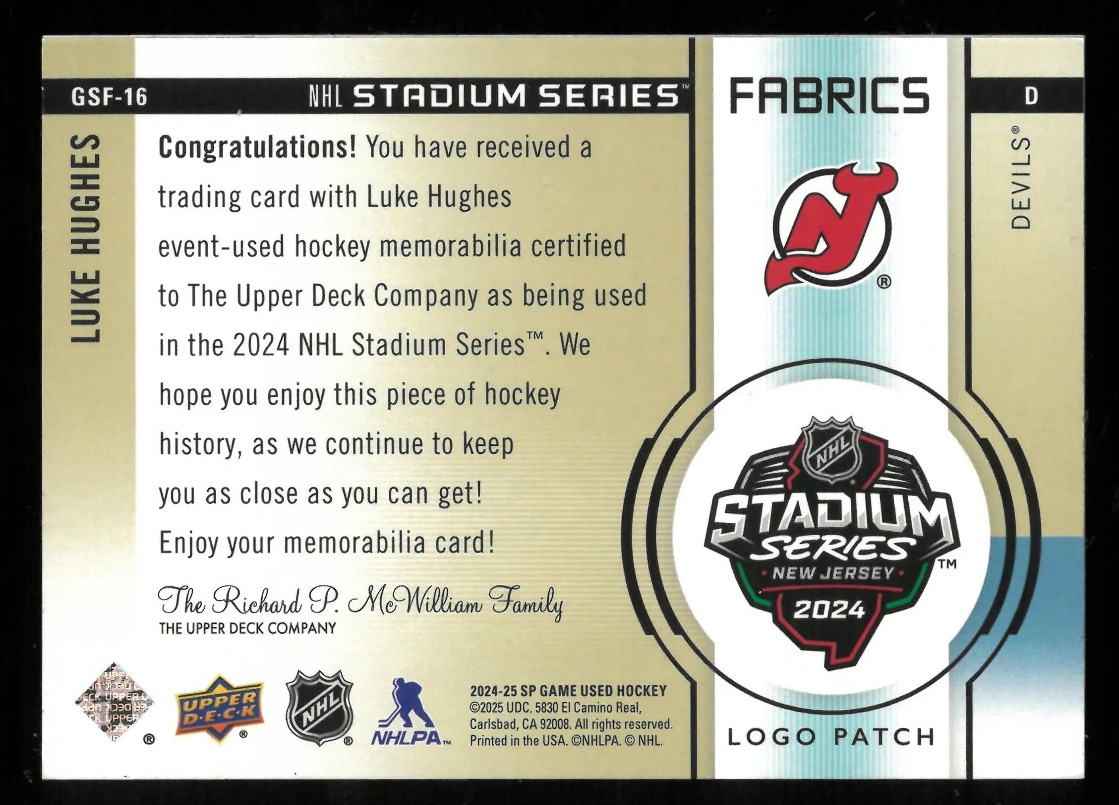 2024 Upper Deck SP Game Used Hockey Luke Hughes Stadium Series Fabrics Jersey Card 2/2 - Collectible Memorabilia for NHL Fans & Sports Card Enthusiasts
