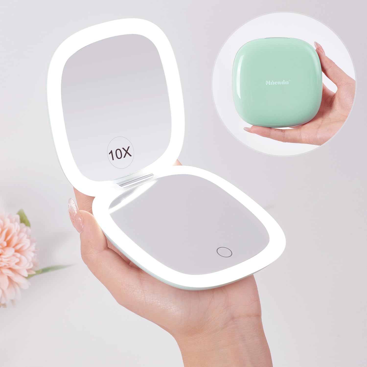Mocado 4-Inch Compact LED Travel Makeup Mirror - 1X/10X Magnification with Dimmable Dual-Sided Lighting, USB Rechargeable Portable Mirror for Purse, Pocket & Travel | Perfect for Home, Office, Hotel & On-the-Go Makeup (Powdery Green)