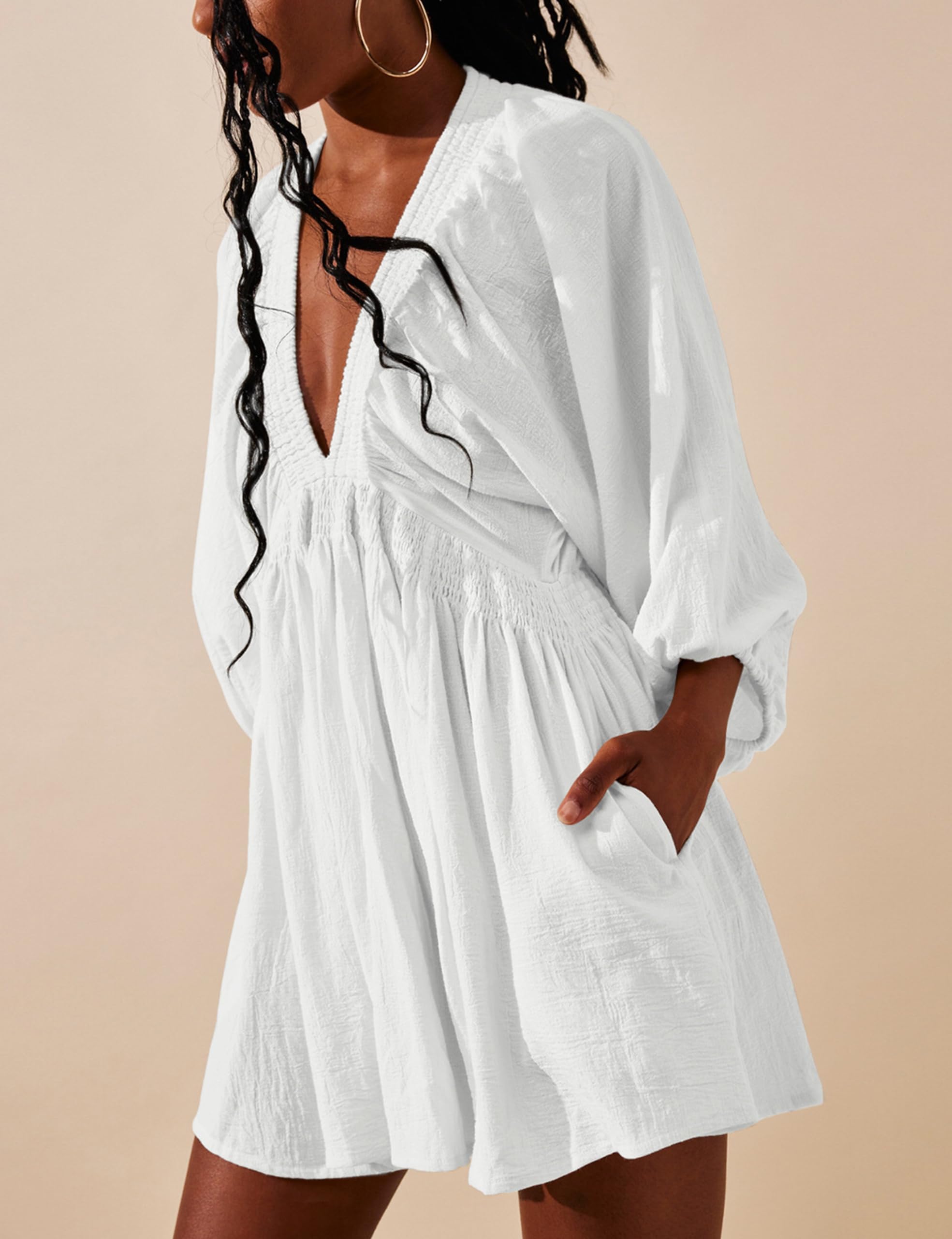 TikoMiko Women's 3/4 Sleeve V-Neck Tunic Dress - Casual Loose Flowy Mini Babydoll Dress for Spring & Summer 2025 | Perfect for Beach Outings, Brunch Dates & Weekend Getaways