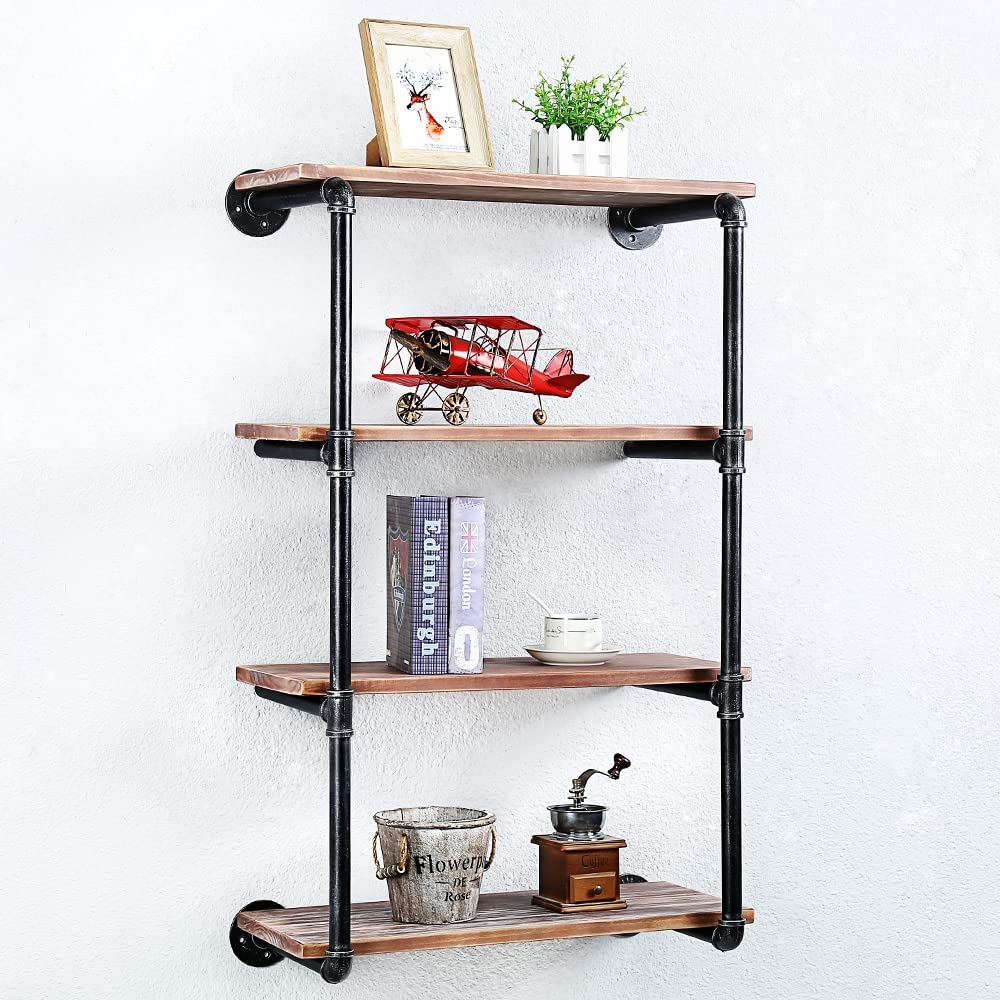 Industrial Pipe Floating Shelves with Wood Shelf - 4 Tier 24 Inch Wall Mounted Metal Shelving for Books & Decor | Perfect for Living Room, Bedroom & Office Storage