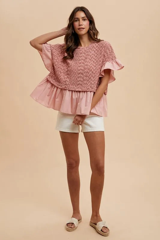 Rose Ruffle Textured Knit Top for Women - Elegant Feminine Blouse for Casual Wear, Date Night & Office Outfits | Soft Comfortable Knitwear for Spring & Fall Seasons