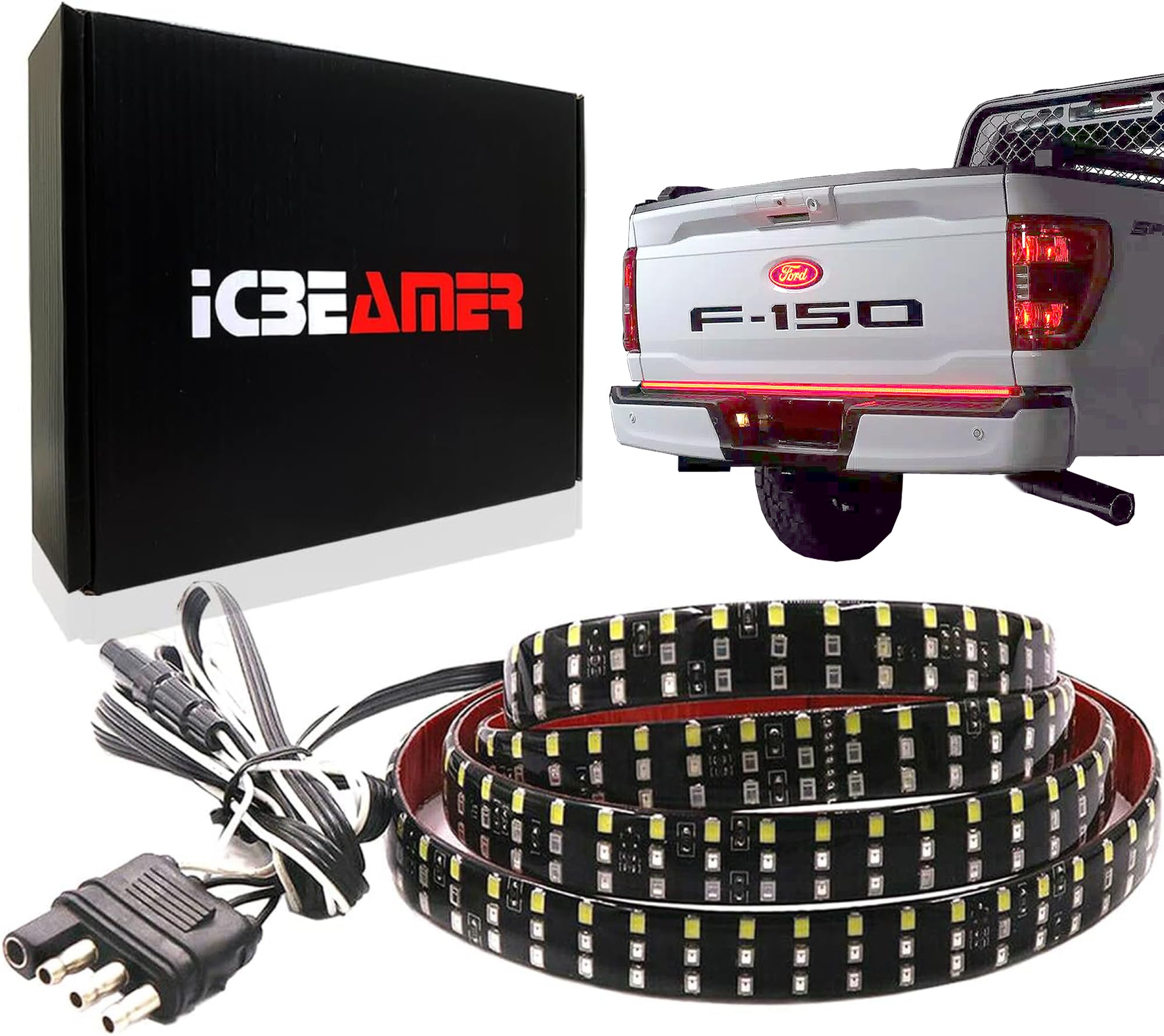 ICBEAMER 60-Inch Triple Row 504 LED Light Bar for Pickup Trucks - Waterproof IP67 Tailgate & Bed Lighting with 6 Functions (Brake/Turn Signal/Sequential/Reverse/Flashing) - Perfect for Off-Roading, Camping & Nighttime Safety