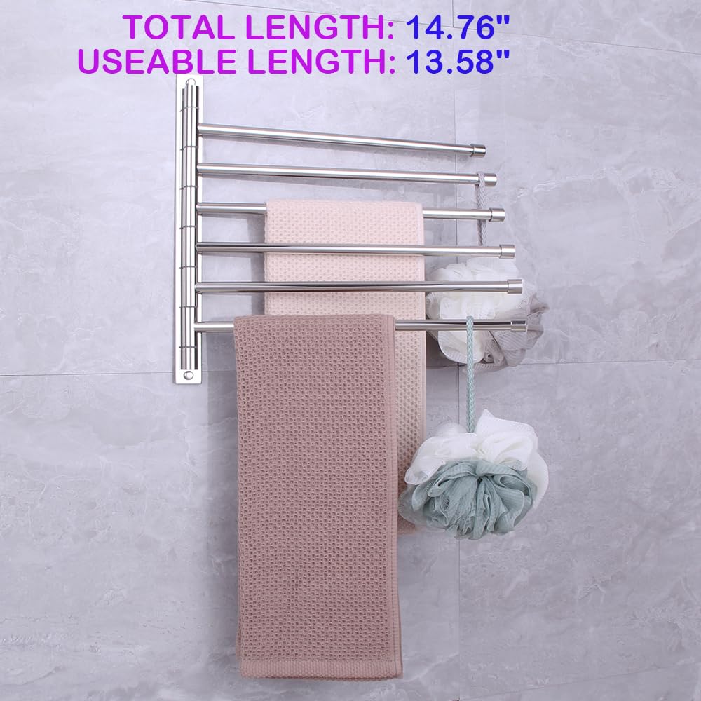 Stainless Steel Swing Out Towel Bar - 6-Arm Folding Towel Rack with Swivel Hanger, Wall Mount Bathroom Organizer for Hand & Kitchen Towels | Polished Finish for Modern Homes (Ideal for Small Spaces & Spa-Style Bathrooms)