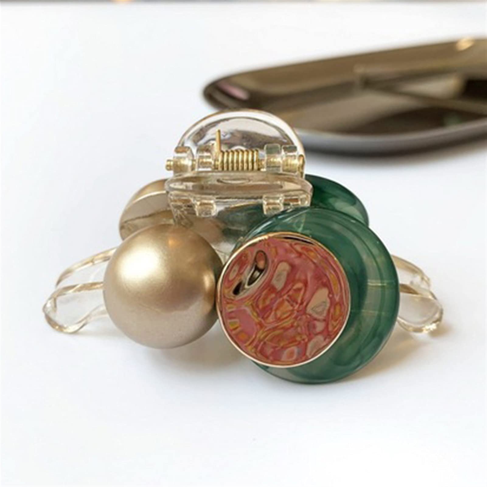 Korean Mini Round Pearl Hair Clips for Women - Elegant Hairpins, Barrettes & Crab Clips for Women & Girls (Green Metal) - Perfect for Weddings, Parties & Everyday Styling