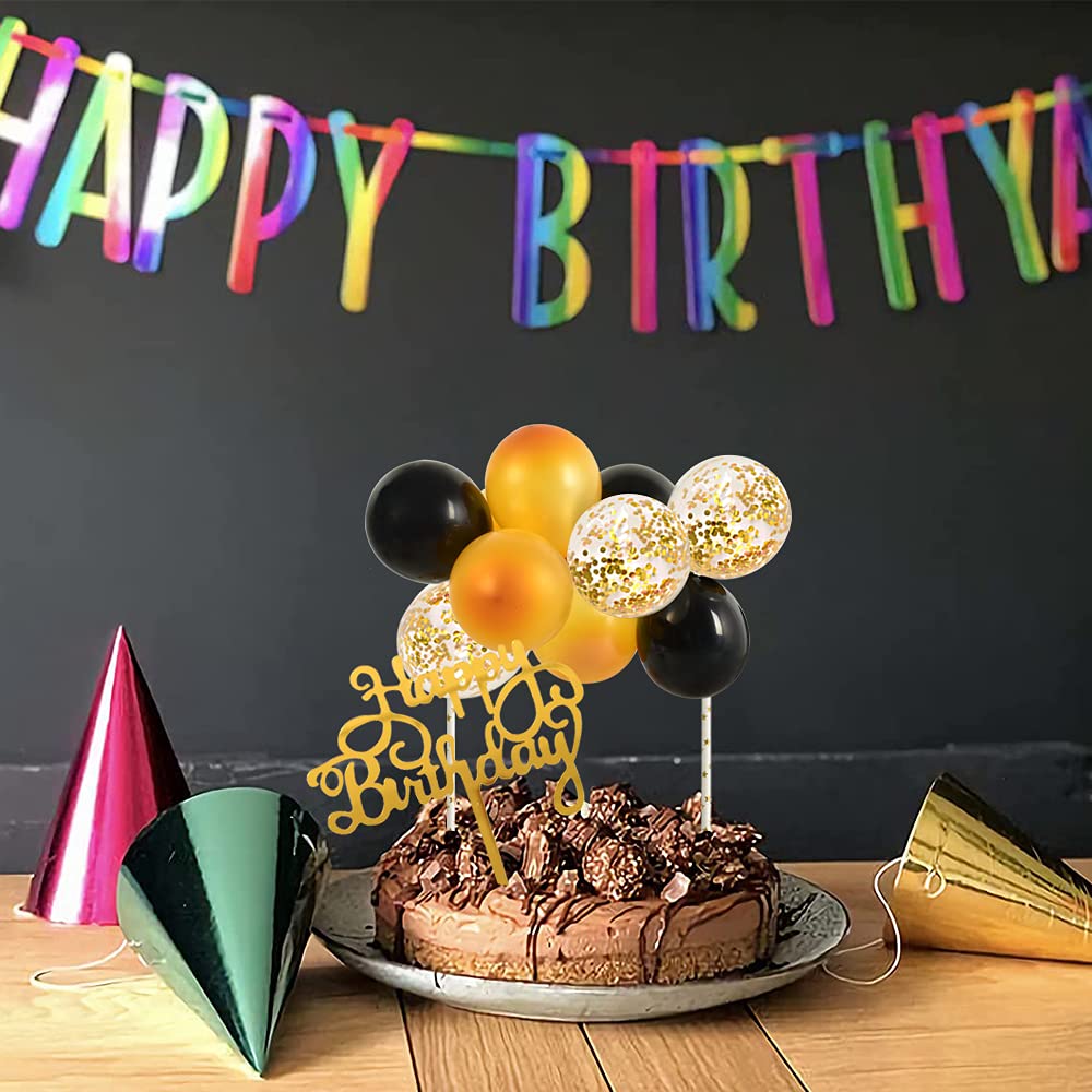BEISHIDA 5 Inch 10pcs Black Gold Balloon Cloud Cake Topper Set - Happy Birthday Mini Balloon Garland with Letter Decorations - Perfect for Birthday Cakes, Cupcakes, Dessert Tables & Party Decorations