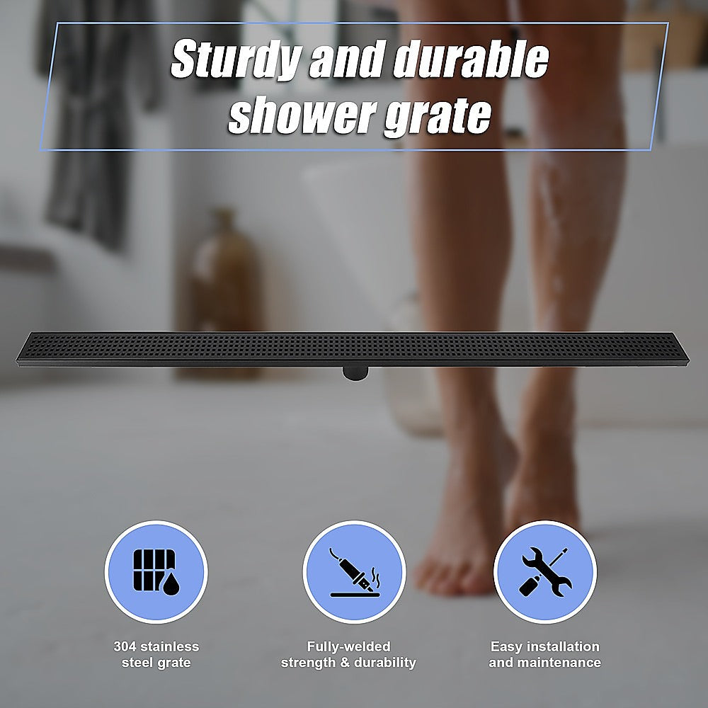 1200mm Black Square Pattern Bathroom Shower Drain Grate with Center Outlet - Durable Floor Waste for Modern Bathrooms, Showers & Wet Rooms (Waterproof & Anti-Slip Design)