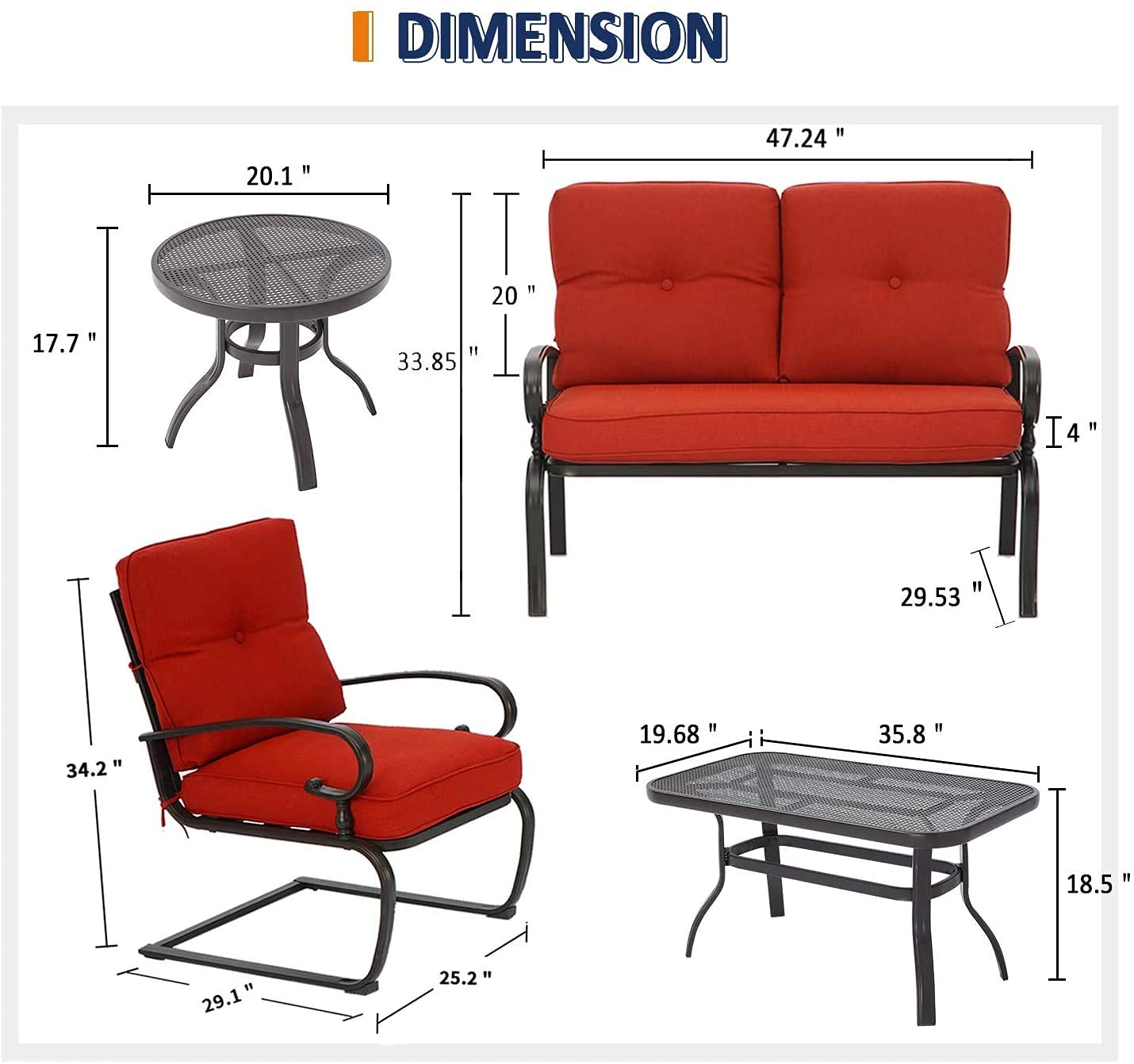 5-Piece Outdoor Patio Furniture Conversation Set - Wrought Iron Bistro Set with Loveseat, 2 Spring Chairs & 2 Tables (Red Cushion Included) - Perfect for Garden, Backyard, Deck or Poolside Relaxation