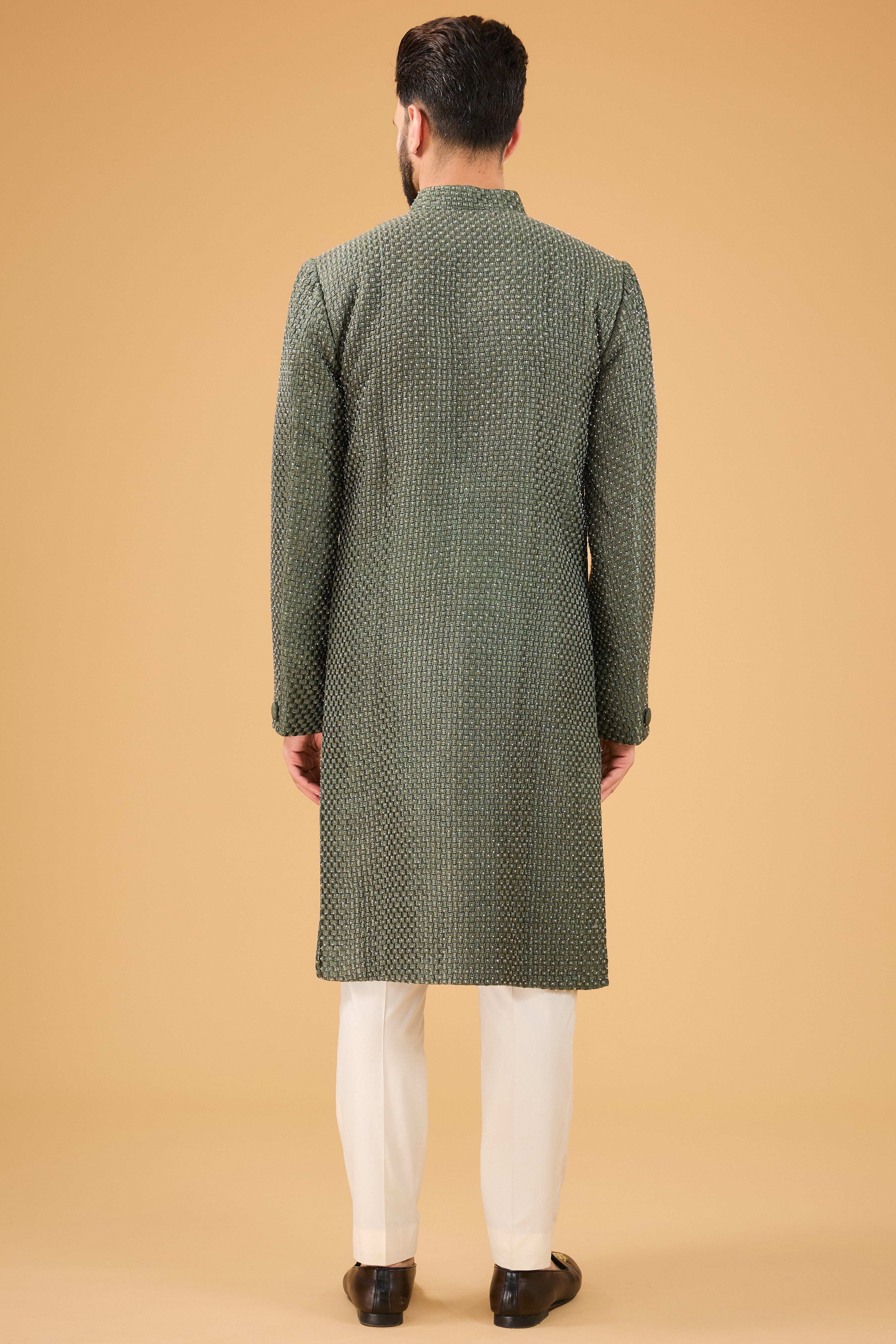 Exquisite Dana Work Military Green Sherwani for Men | Traditional Indian Wedding Attire | Perfect for Grooms & Special Occasions