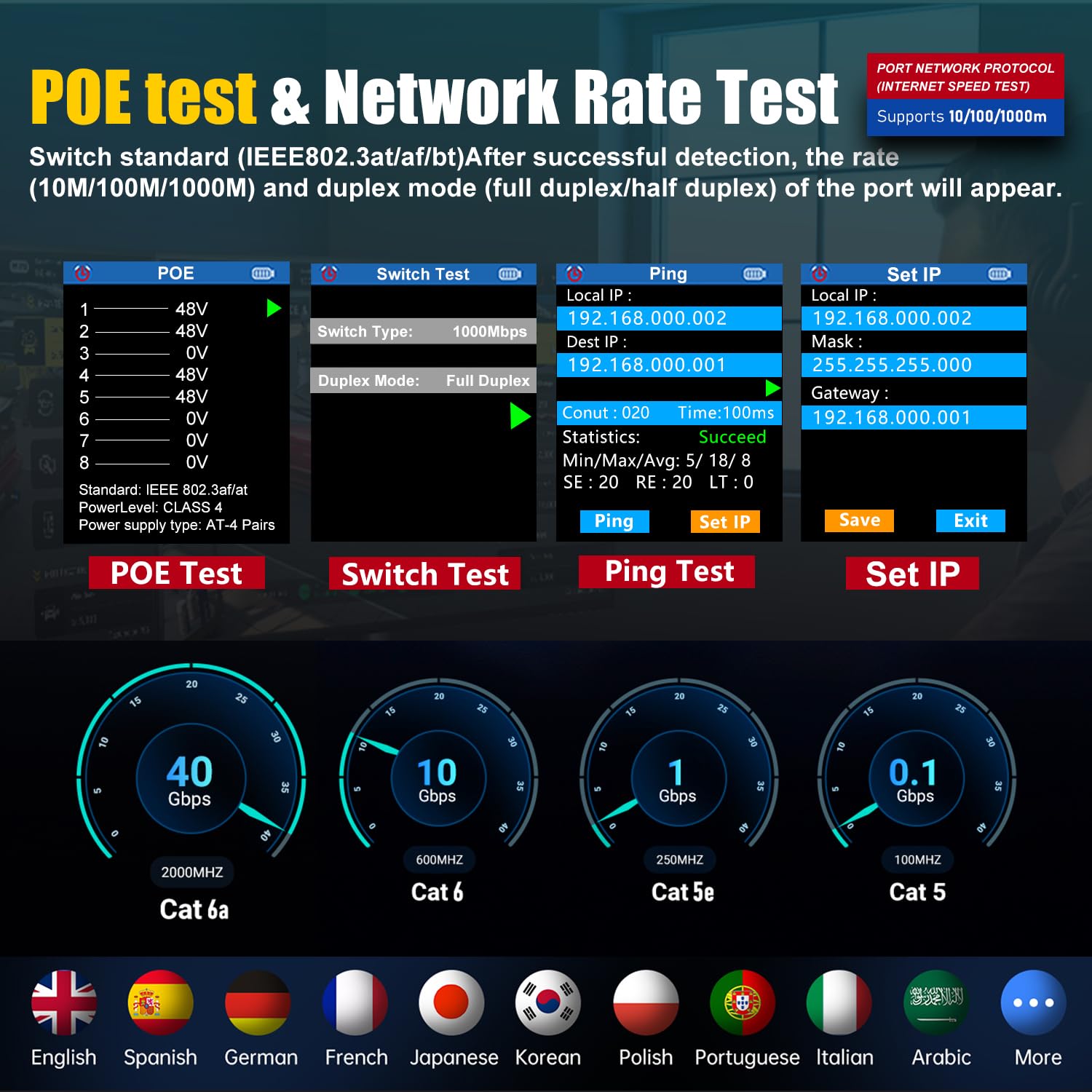 NOYAFA NF-8506 Professional Network Cable Tester with IP Scanner, Network Speed Test, NCV, POE, Ping & TDR for CAT5/CAT6 - RJ11/RJ45 LAN Ethernet Cable Tester & Telephone Wire Finder - Perfect for IT Technicians, Network Installations & Home Office Setup