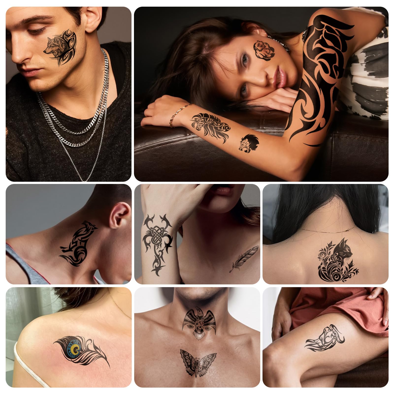 77 Sheets Temporary Tattoo Stickers - 17 Half Arm Black Tribal Animal Designs (Lion, Owl, Wolf, Turtle, Deer) + 60 Tiny Tattoos for Adults, Men, Women, Boys & Girls - Perfect for Parties, Halloween, Costumes & Body Art