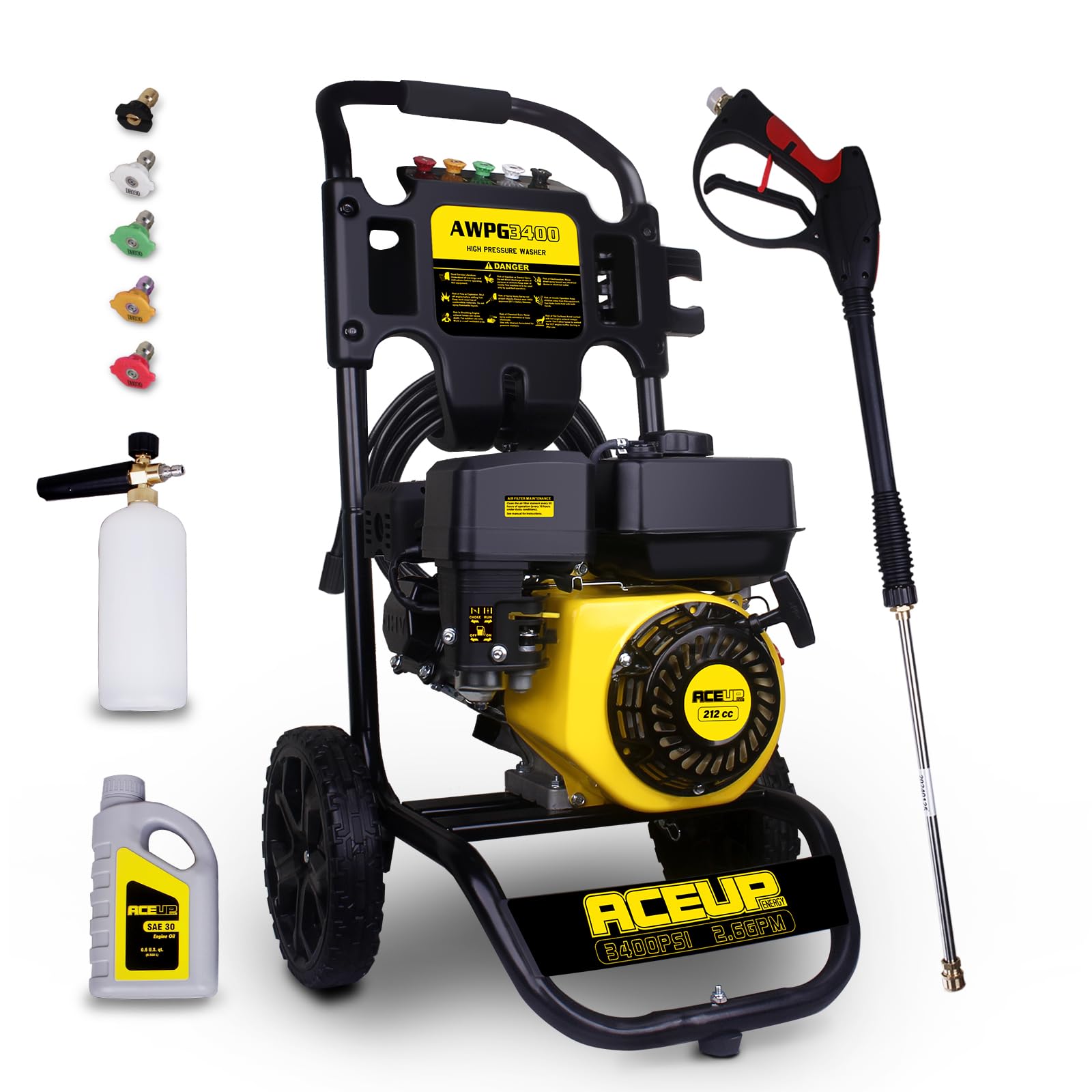Aceup Energy 3400 PSI 2.6 GPM Gas Pressure Washer - Powerful Gas Powered Pressure Cleaner for Driveway, Deck, Fence & Outdoor Cleaning