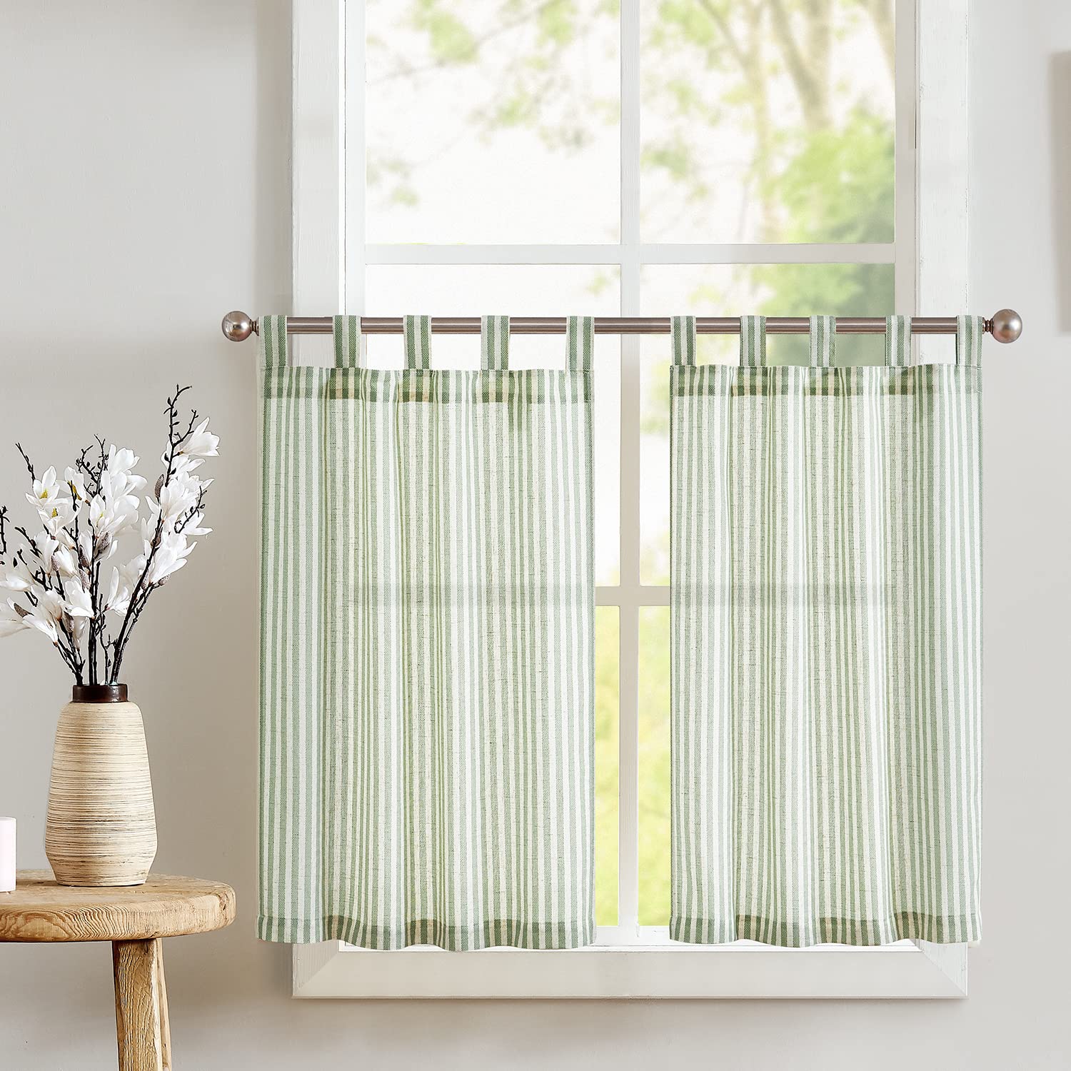 Jinchan 36 Inch Striped Linen Kitchen Curtains - Farmhouse Rustic Tier Curtains with Rod Pocket, Sage Green Ticking Stripe Drapes for Living Room, Bathroom & Cafe Windows | Perfect for Small Windows, Farmhouse Decor & Cozy Kitchen Settings