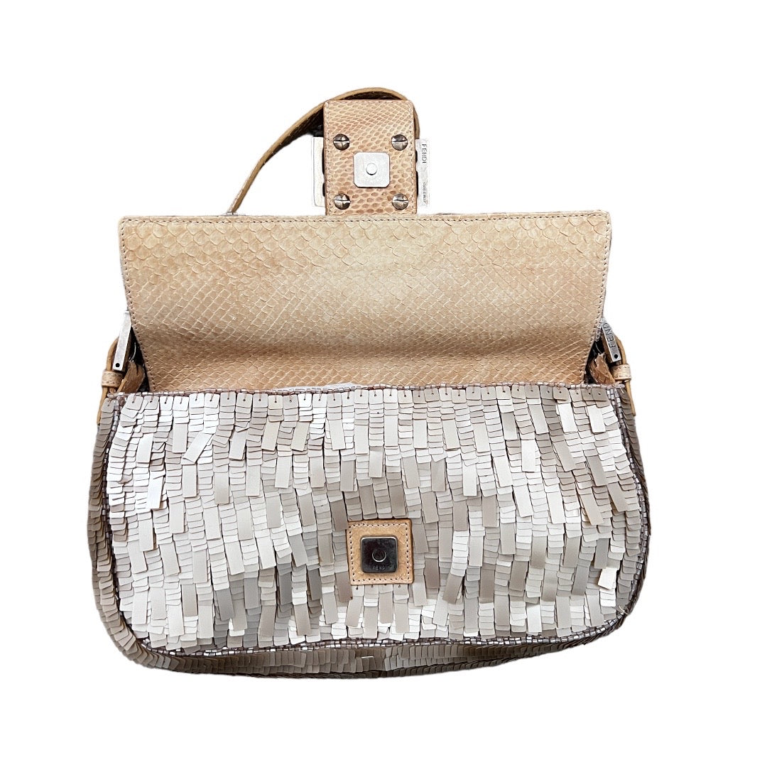 Fendi Champagne Gold Sequin Baguette Bag - Elegant Evening Clutch for Parties, Weddings & Special Events