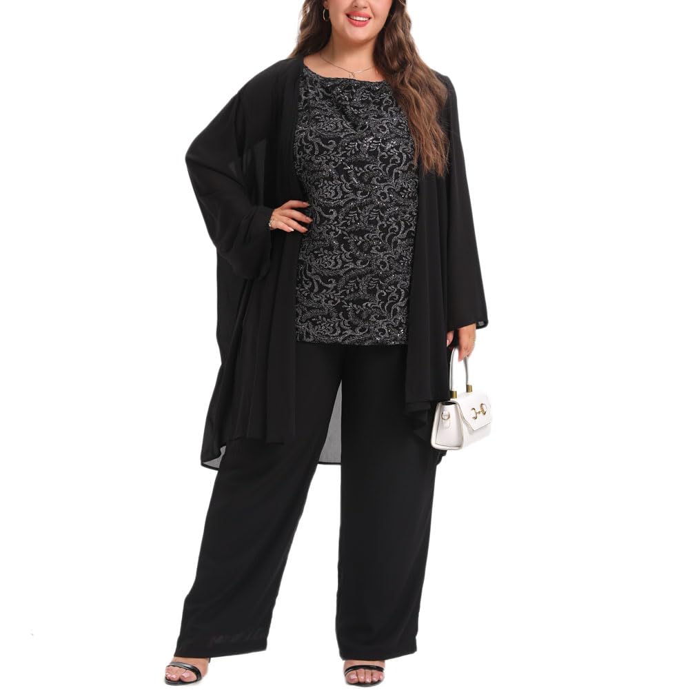 Elegant Plus Size Mother of the Bride Pant Suits 3-Piece Chiffon Lace Wedding Guest Outfit for Women - Perfect for Weddings, Parties & Special Occasions
