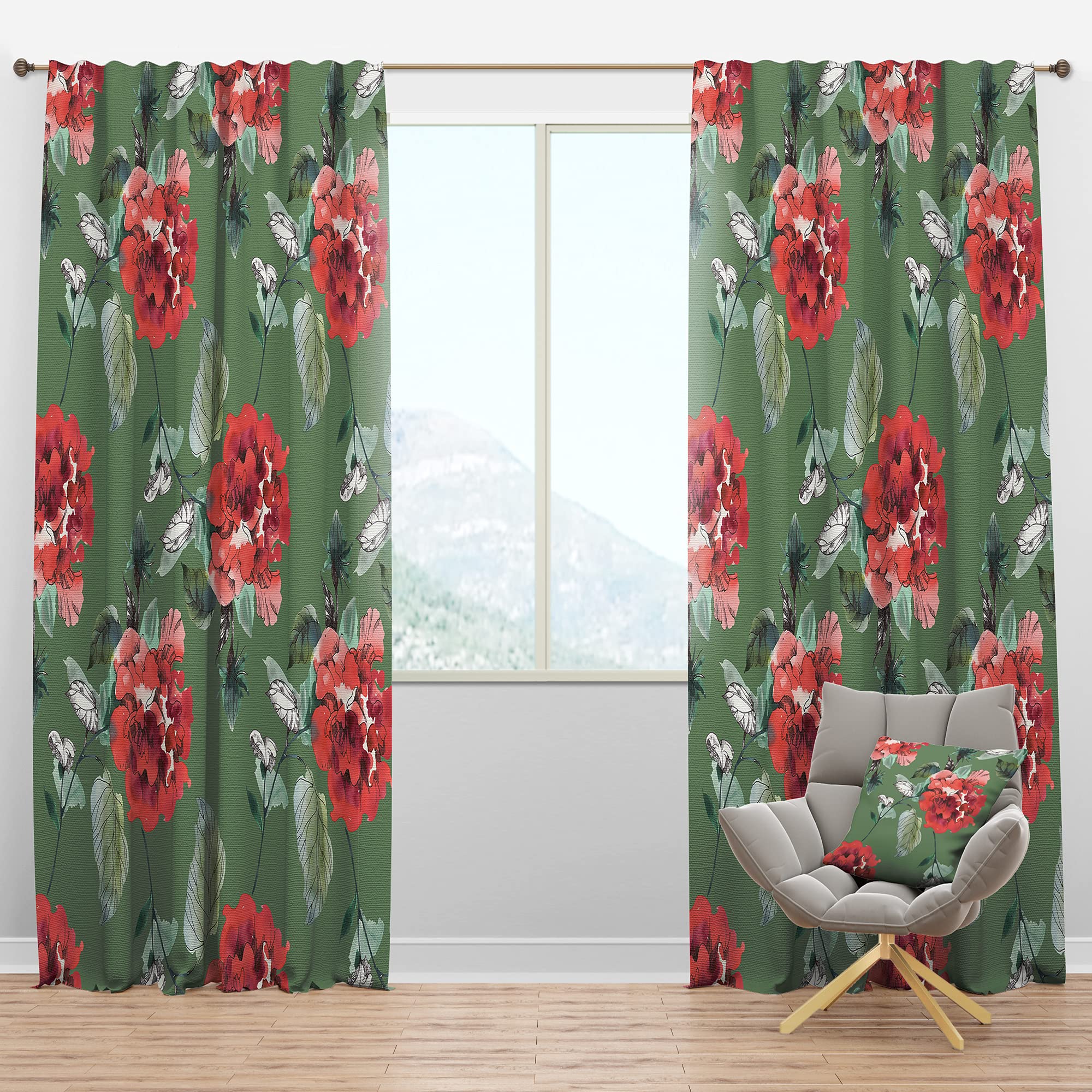 Blackout Curtains 'Red Flowers in Green' - Thermal Insulated Bedroom & Living Room Drapes - Single Panel 52x108 - Perfect for Light Blocking, Energy Saving & Home Decor