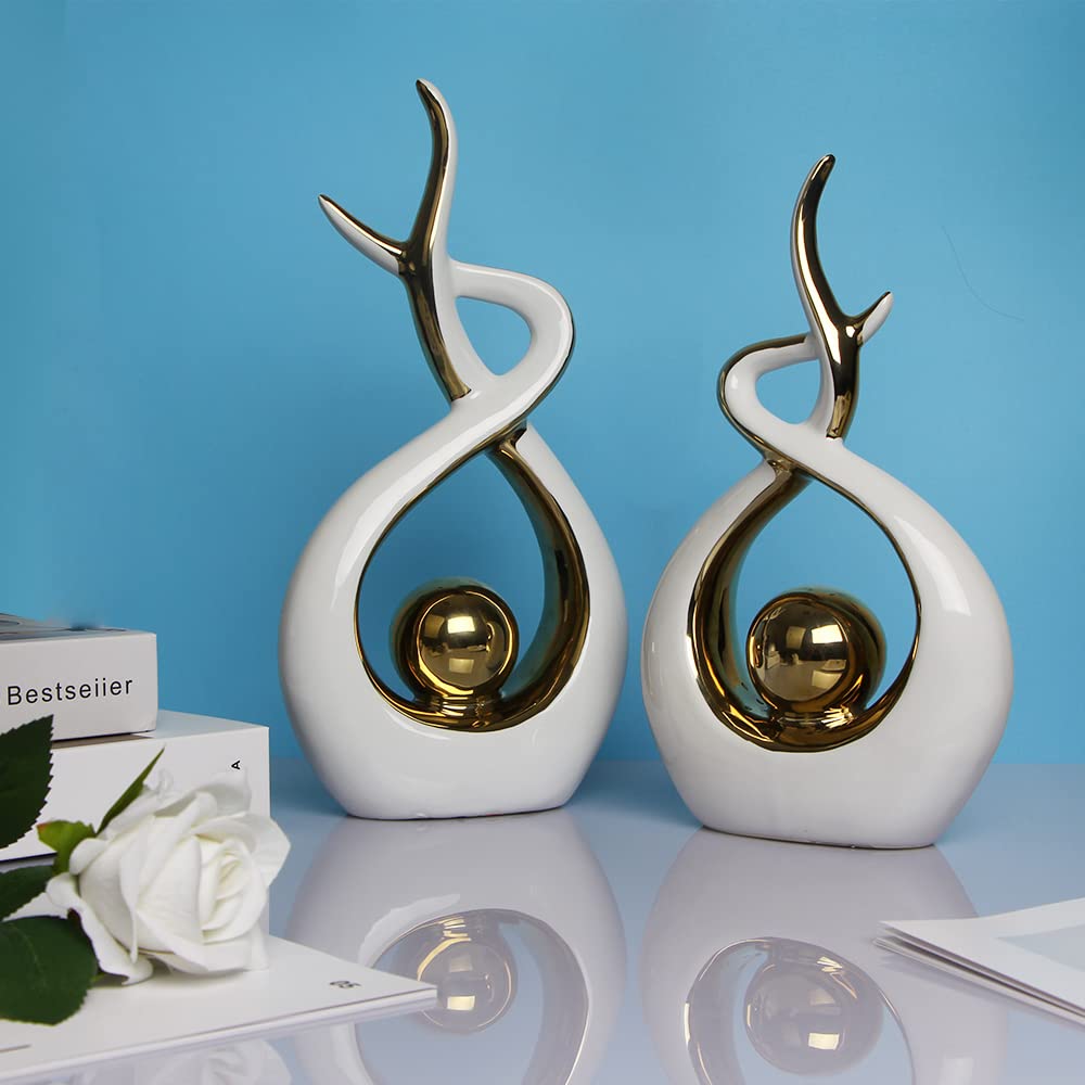 Modern Abstract Ceramic Statue - White & Gold Large Centerpiece for Dining Room, Living Room, Office & Home Decor