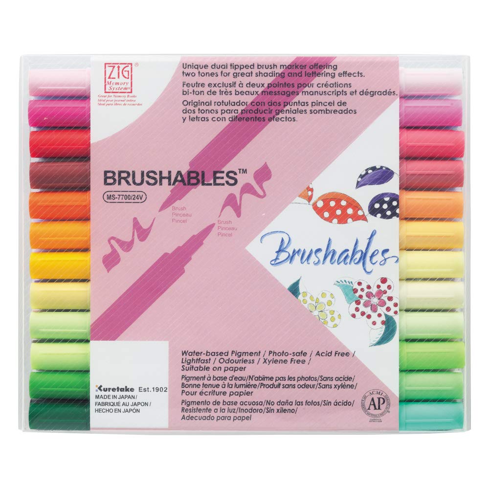 Kuretake ZIG BRUSHABLES 24 Dual-Tip Brush Marker Pens Set - 48 Vibrant Two-Toned Colors | Waterproof & Archival Quality | Twin Brush Tips for Calligraphy & Illustration | Perfect for Artists, Bullet Journaling & Hand Lettering | Made in Japan