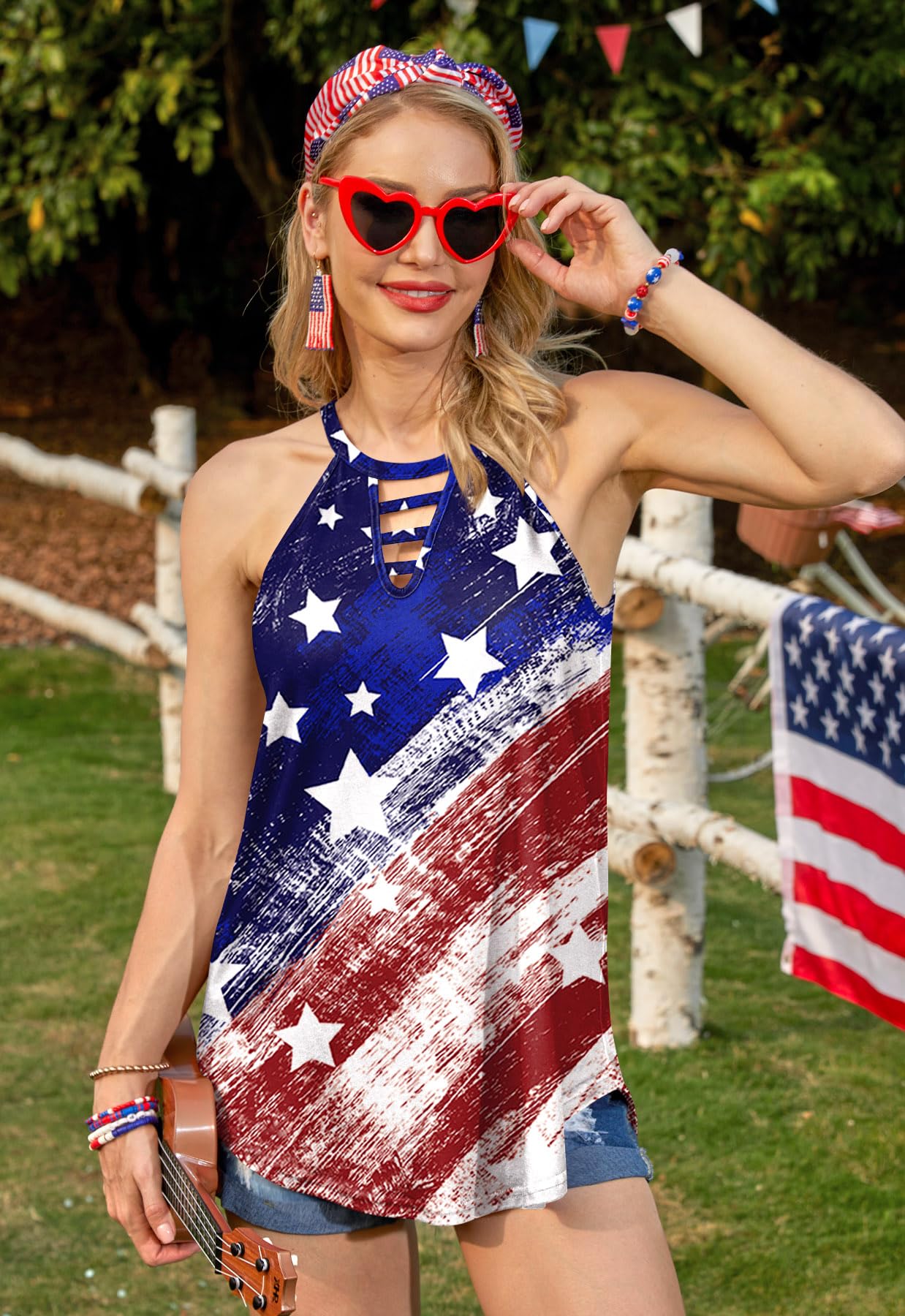 Maisolly Women's 4th of July USA Flag Keyhole Tank Top - Patriotic Independence Day Outfit for BBQ, Beach & Summer Festivals