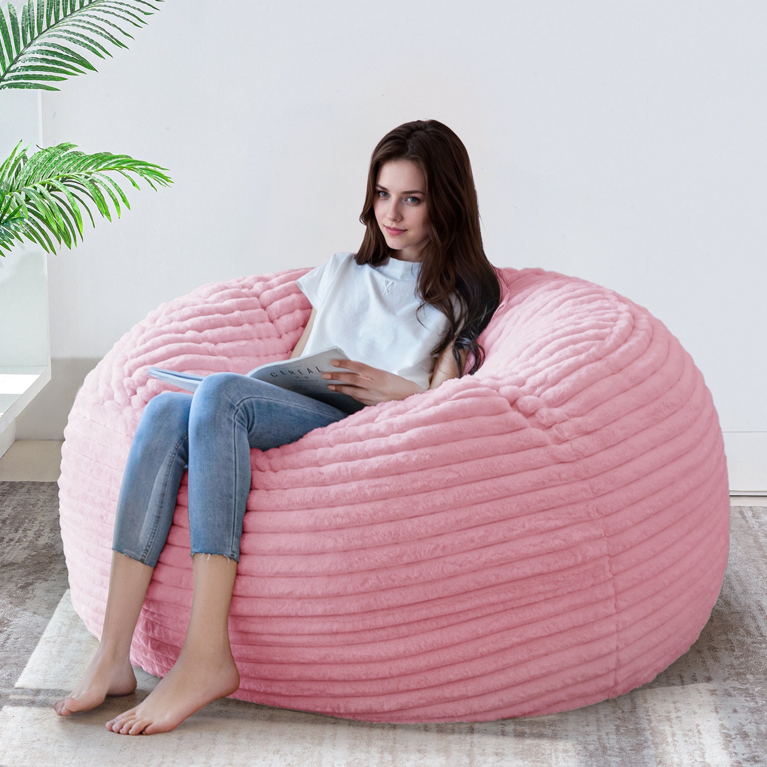MAXYOYO Giant Bean Bag Chair Bed - Striped Faux Fur Convertible Beanbag in Pink | Oversized Lounger for Living Room, Bedroom & Game Room | Perfect for Relaxing, Reading & Movie Nights