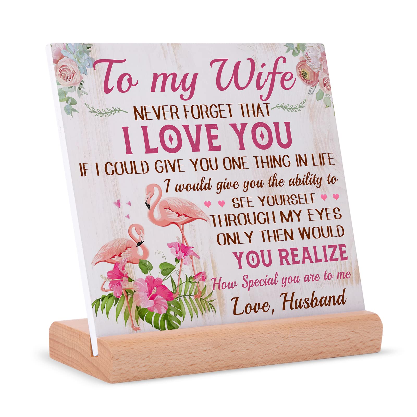 Unique Wooden Plaque for Wife - Birthday, Mother's Day & Anniversary Gift from Husband - Personalized Desk Decor with Stand - Perfect for Home Office, Bedroom or Romantic Surprise