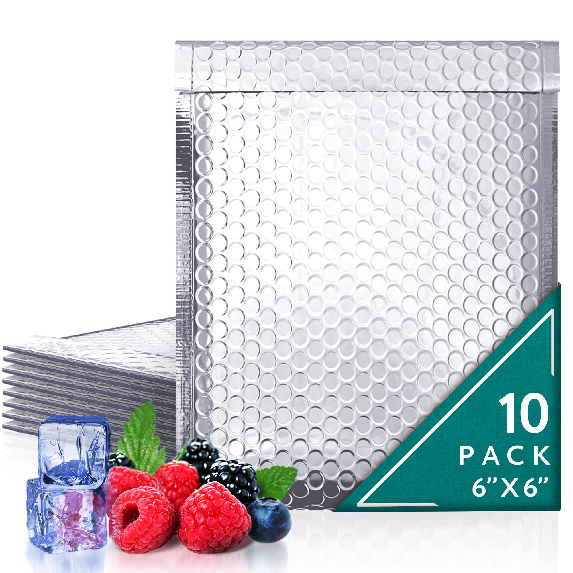 AMIFF 6x6 Inch Thermal Bubble Mailers - Pack of 10 Self-Sealing Insulated Shipping Envelopes | Waterproof Cold Shipping Bags for Food, Perishables & Cosmetics | Perfect for Meal Delivery, Frozen Treats & Temperature-Sensitive Products