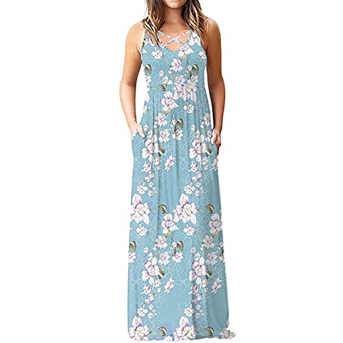 Women's Boho Floral Summer Maxi Dress - Sleeveless Criss Cross Sundress with Pockets for Beach, Vacation & Casual Wear