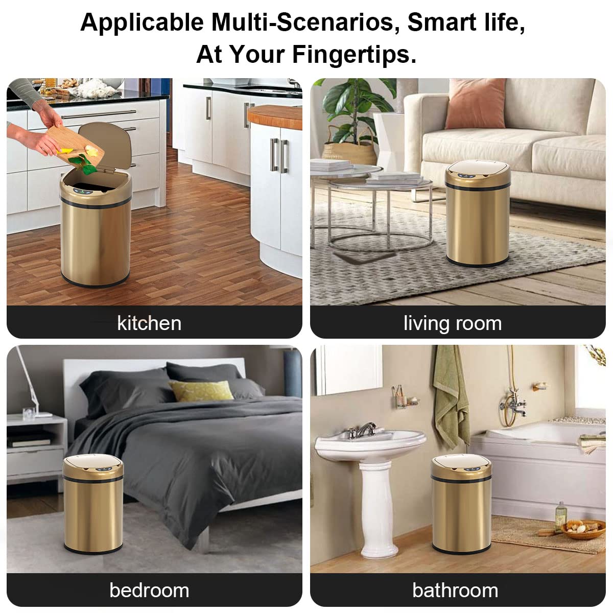Smart Trash Can 3.5 Gallon Automatic Sealing Stainless Steel Garbage Bin - Touchless Sensor Trash Can with Odor Control for Kitchen, Bathroom, Office - Hands-Free Waste Disposal Solution (Champagne Gold)