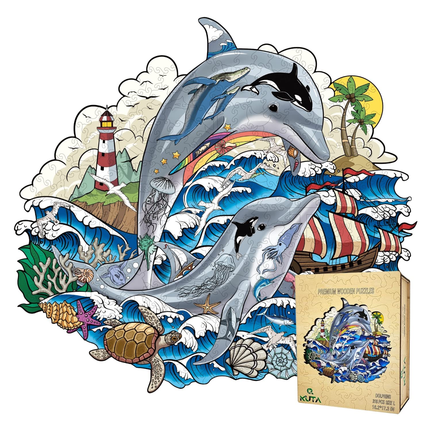 Premium Wooden Jigsaw Puzzle - Unique Dolphin-Shaped 316-Piece Set with Wall Mounting Kit (16.2