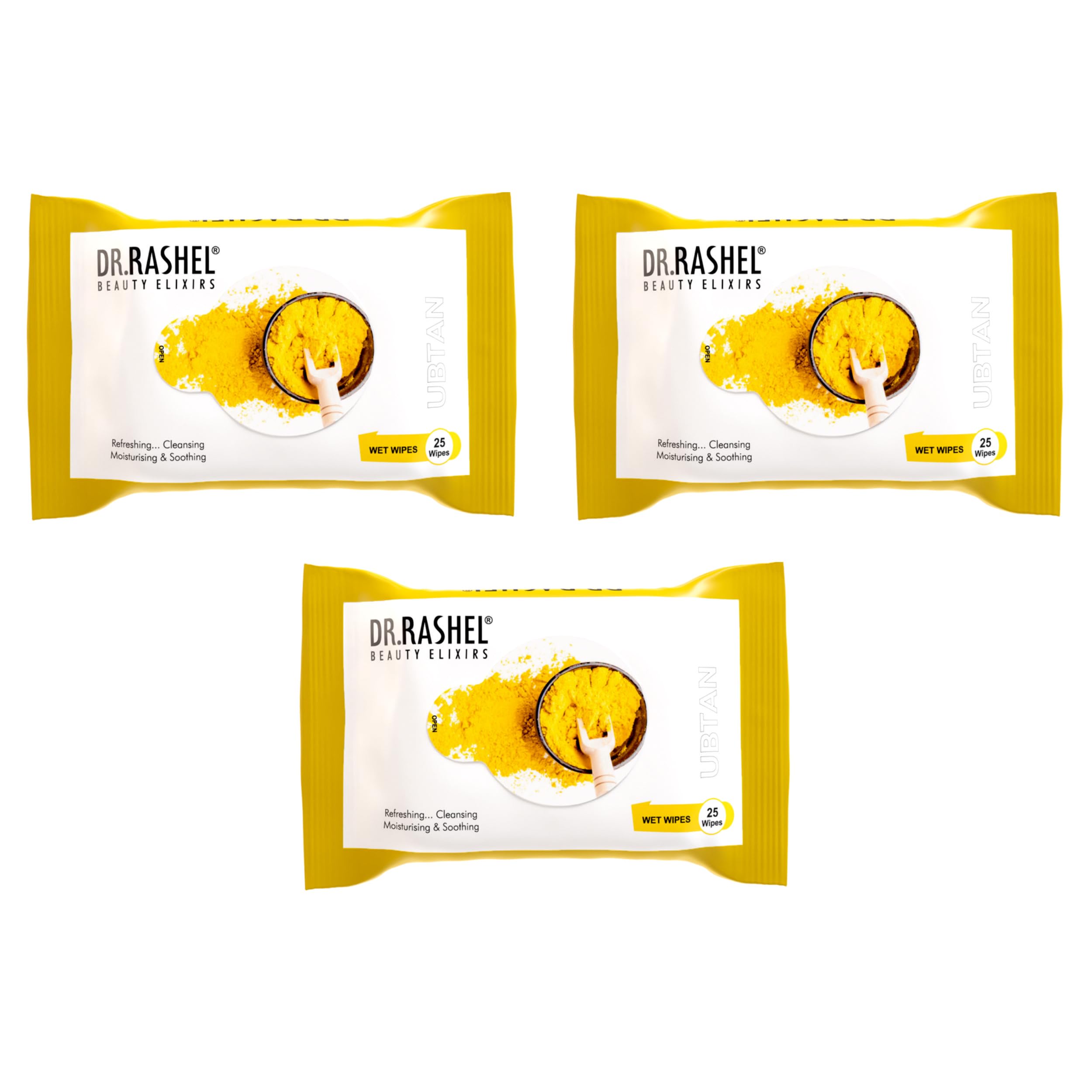 DR.Rashel Ubtan Pack of 2 Face Wipes - Turmeric & Aloe Vera Extract for Refreshing, Glowing Skin | Multi-Purpose Facial Cleansing Wipes (25 Count x 2) | Perfect for Travel, Gym & Daily Skincare Routine