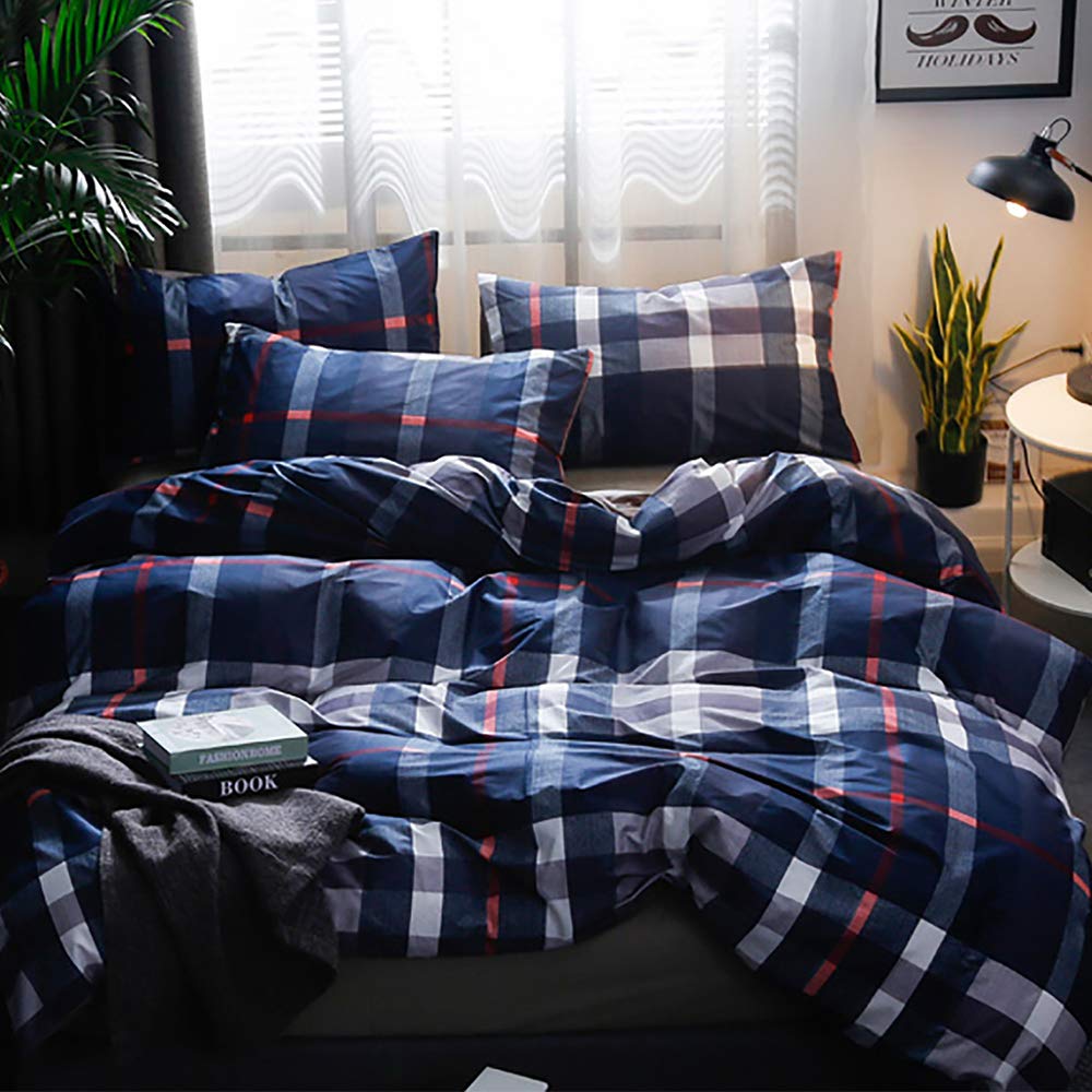 Navy Blue Plaid Comforter Set Queen Size - Buffalo Check Dark Blue & White Grid Bedding - Tartan Checkered Gingham Comforter for Teen Boys Room - Cozy Winter Bedding for Dorm, Guest Room & Master Bedroom